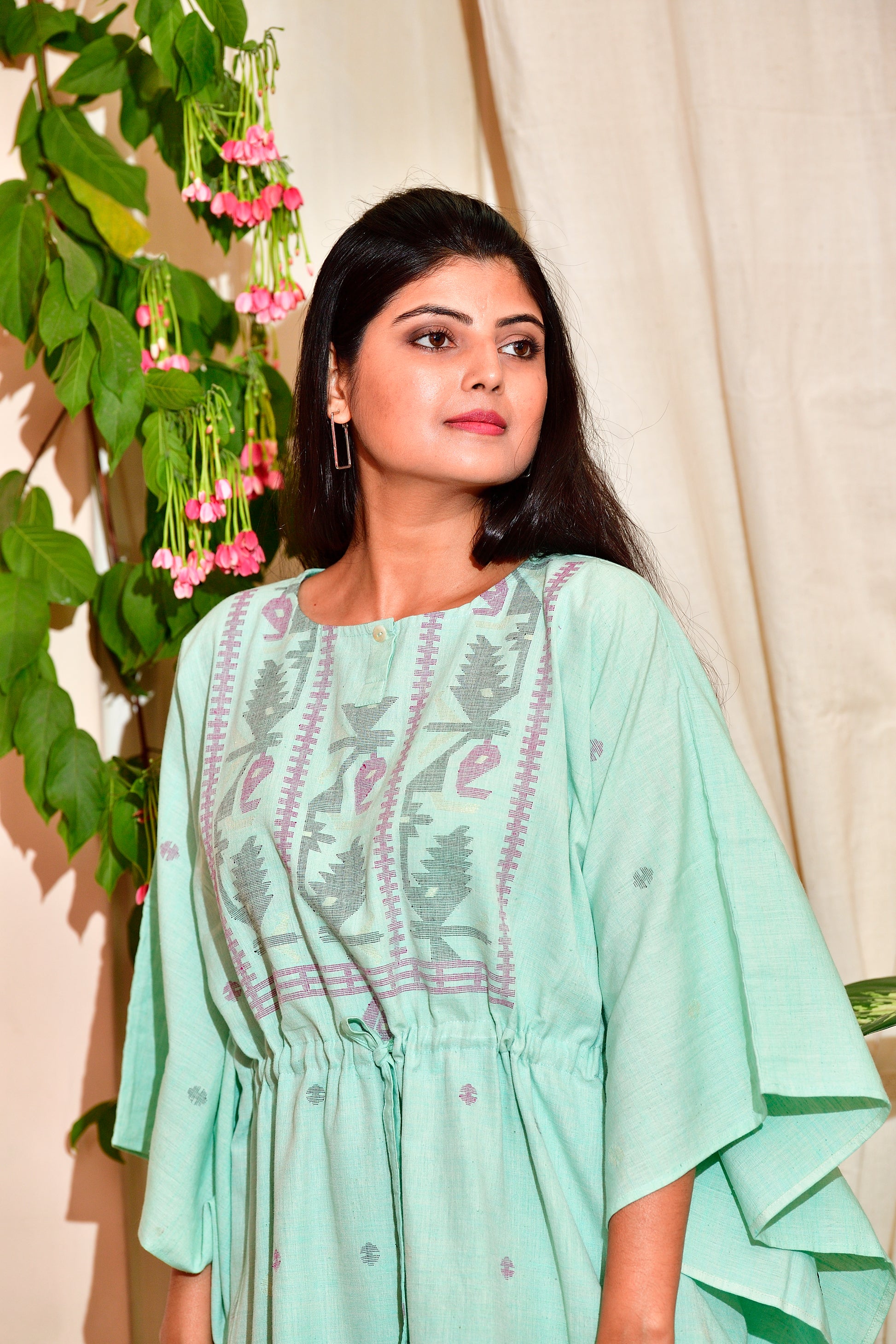 Khadi jamdani kaftan - Aqua green image 6
