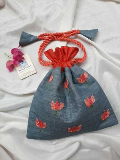 Hand embroidered silk potli - Steel grey image 1