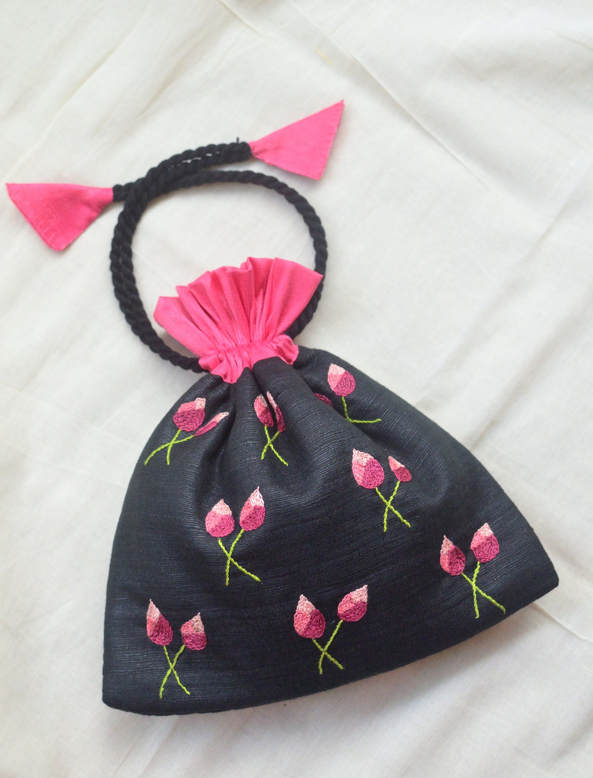 Padma on black - raw silk potli image 1