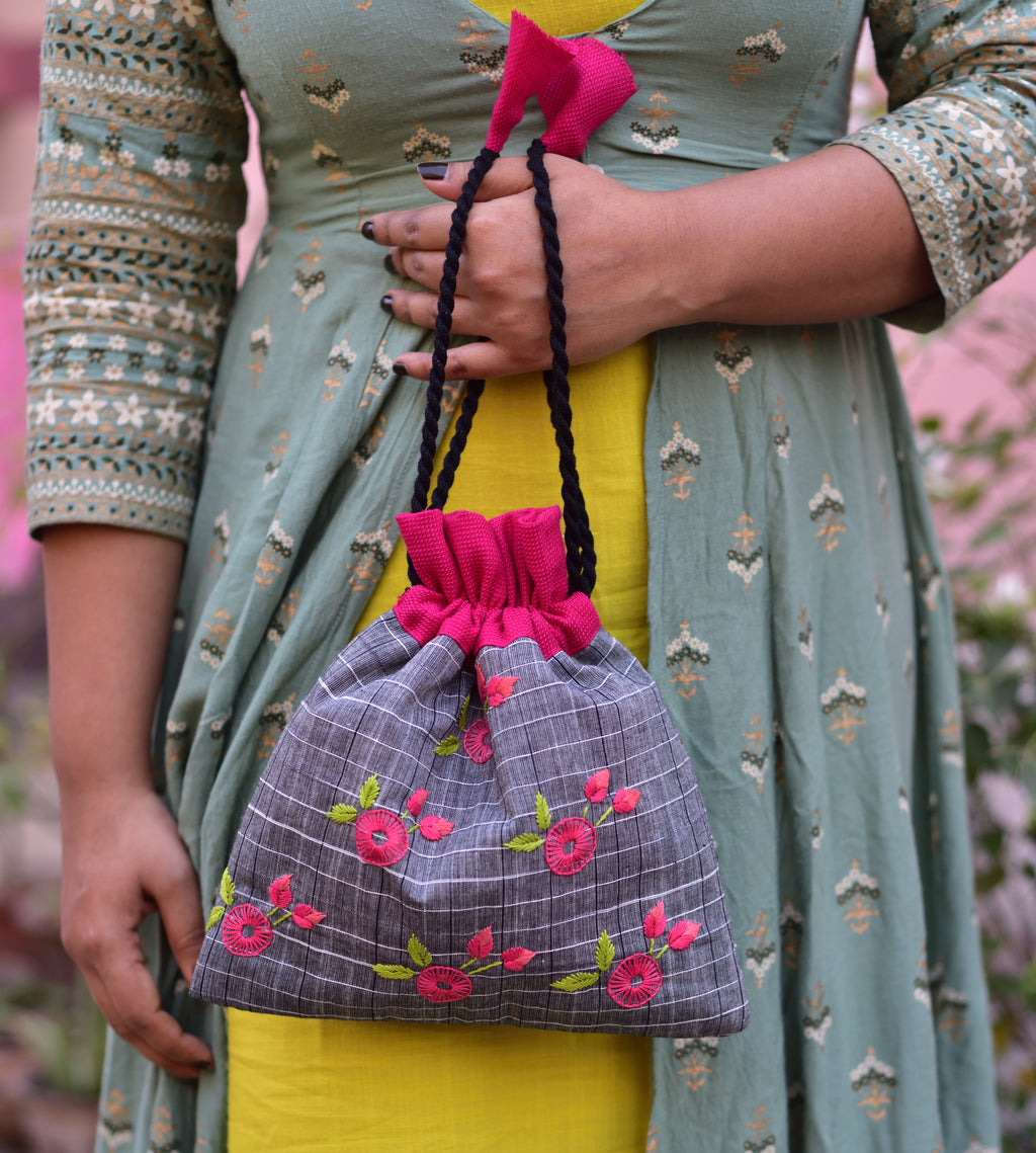 Chrysanthemum on grey base - cotton potli image 1