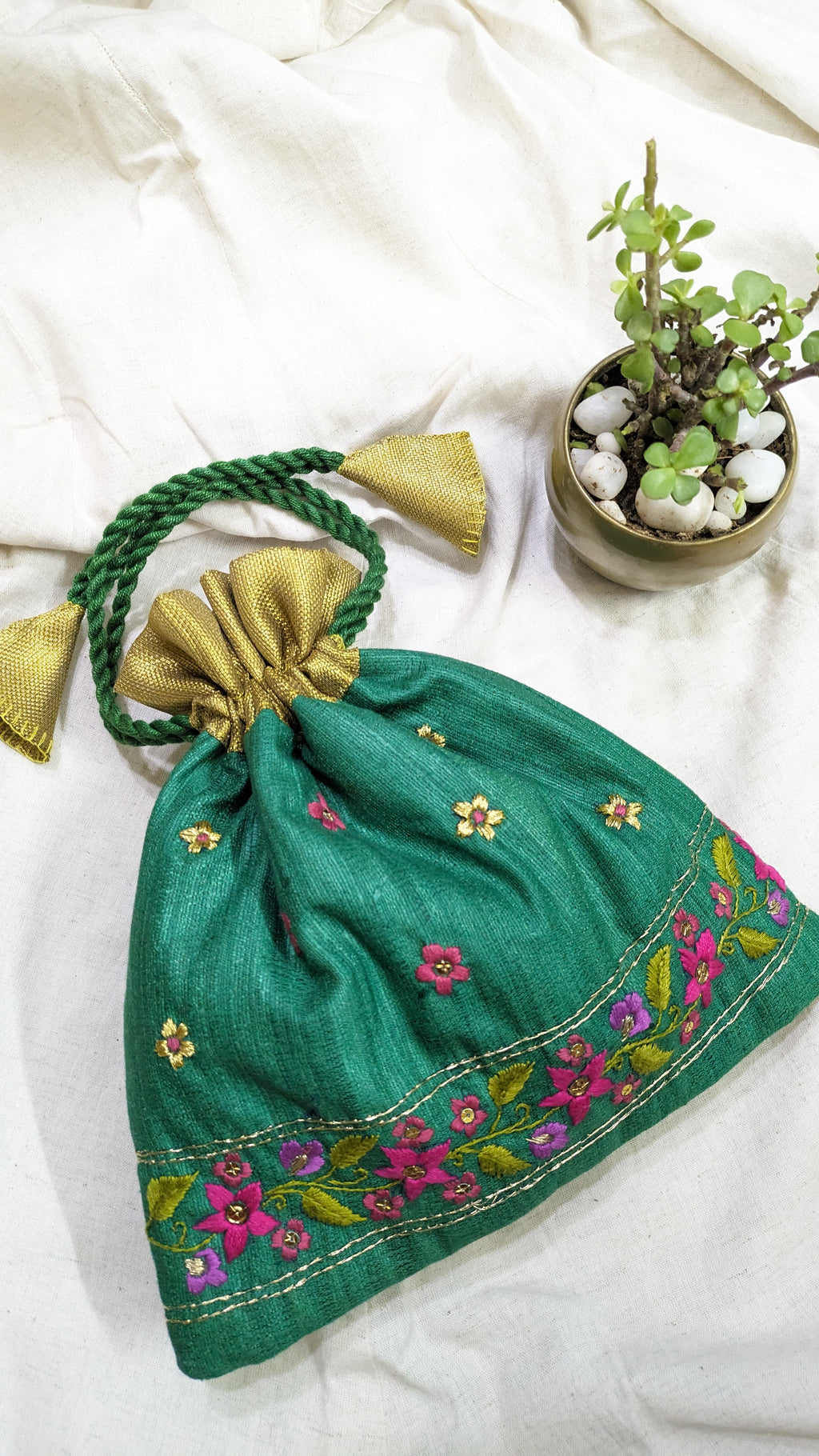 Snigdha - bottle green raw silk potli with hand embroidered border (Zari) image 0