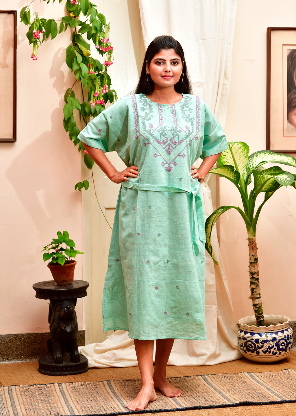 Khadi Jamdani - Kimono dress - Sea green image 2
