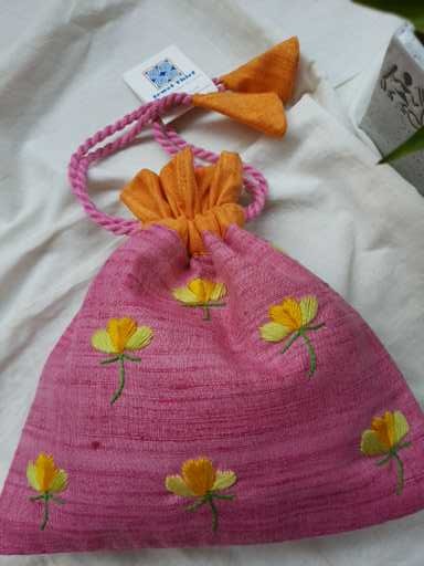 Hand embroidered cotton potli - Pink image 1