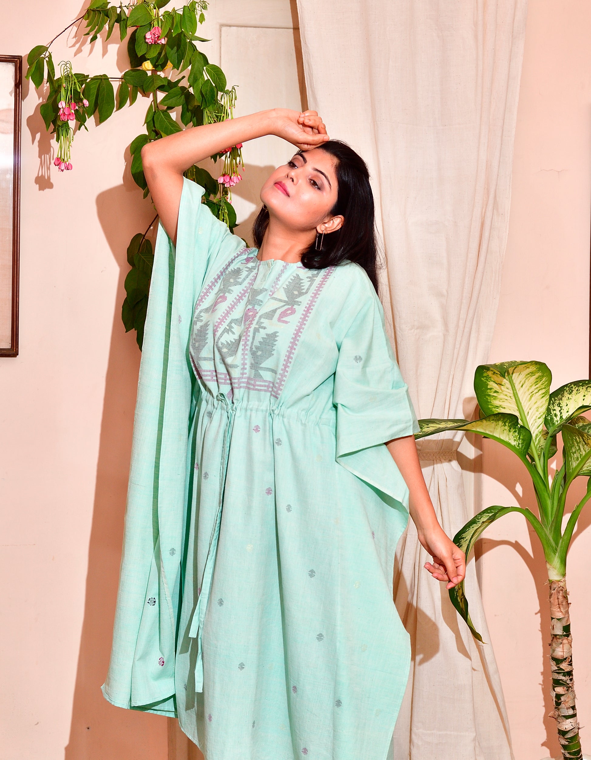 Khadi jamdani kaftan - Aqua green image 1