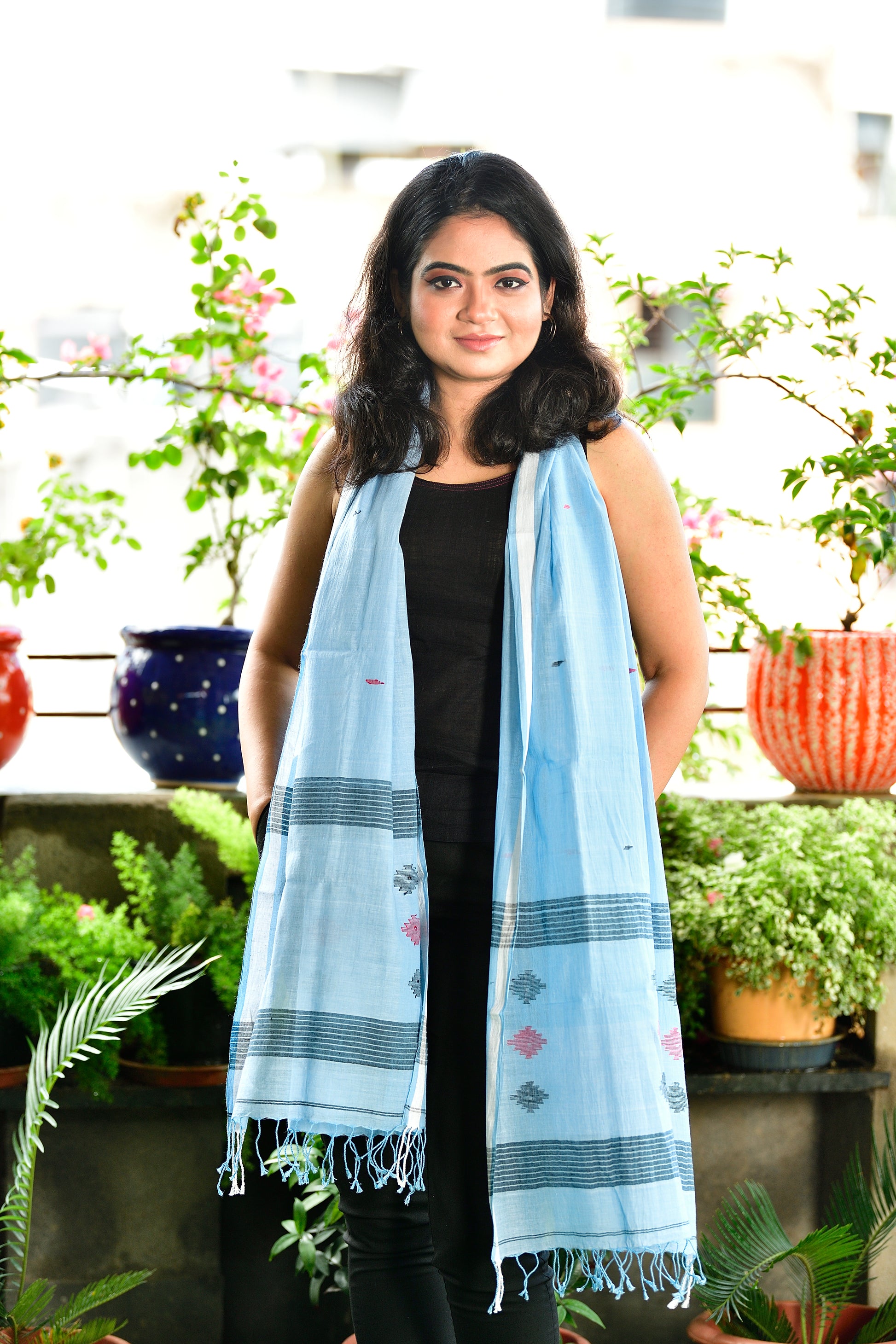 Jamdani stole in soft blue image 1