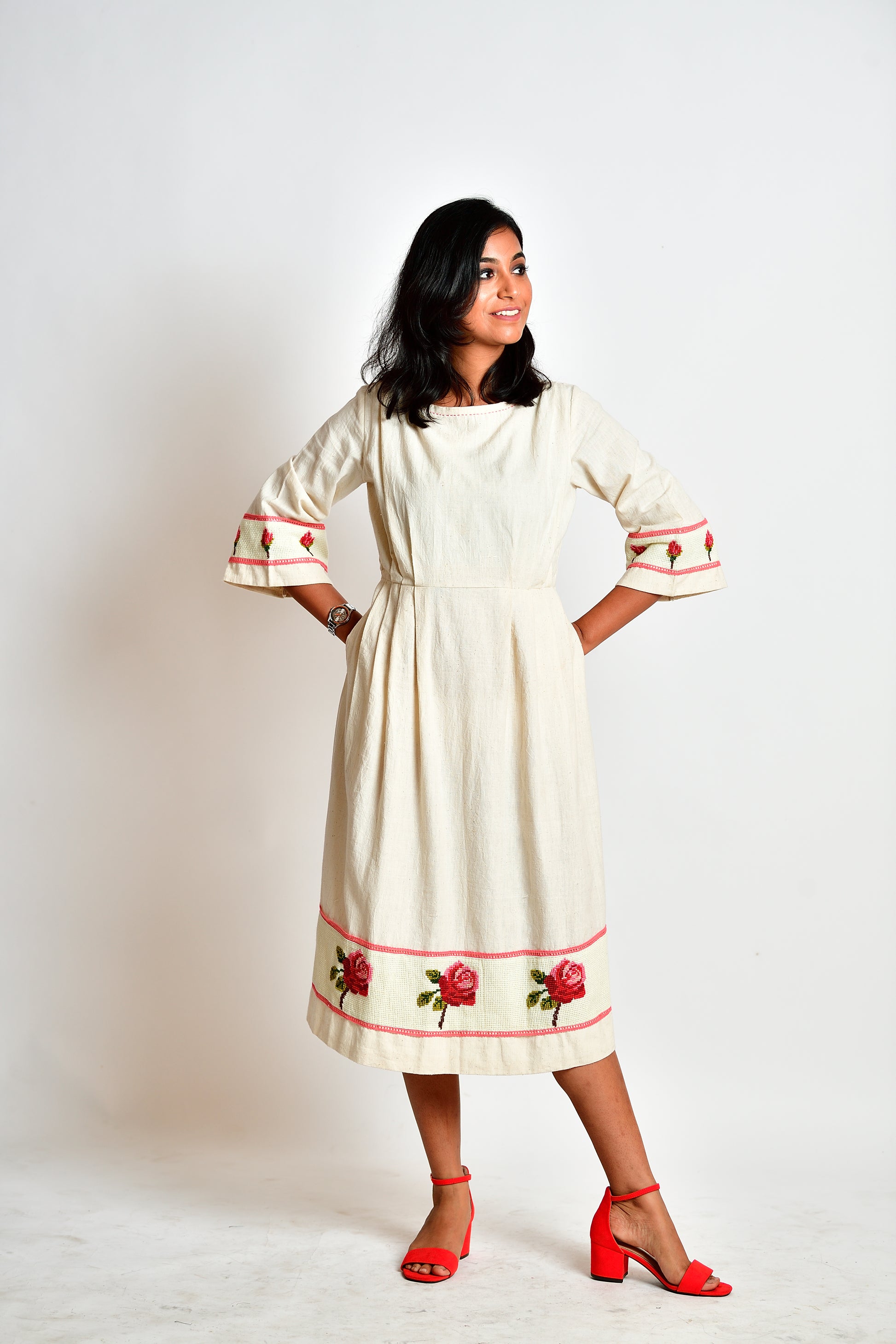 Aeindri - Handloom handspun dress with hand-embroidered cross stitch image 0