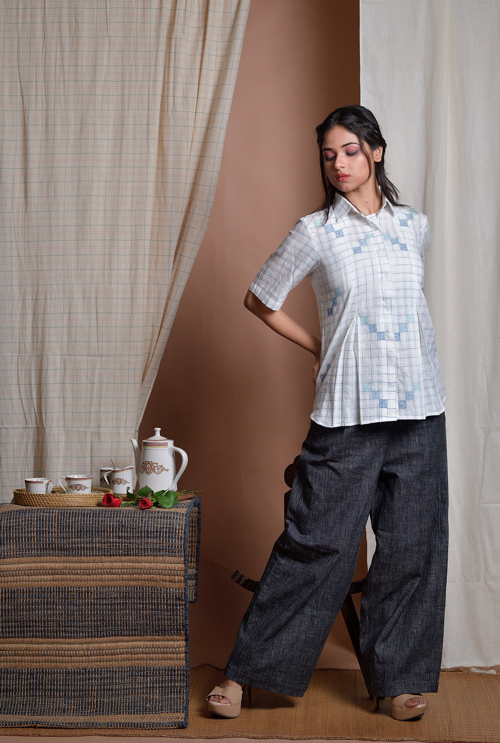 Checks of Time - Khadi shirt with Kantha embroidery image 3