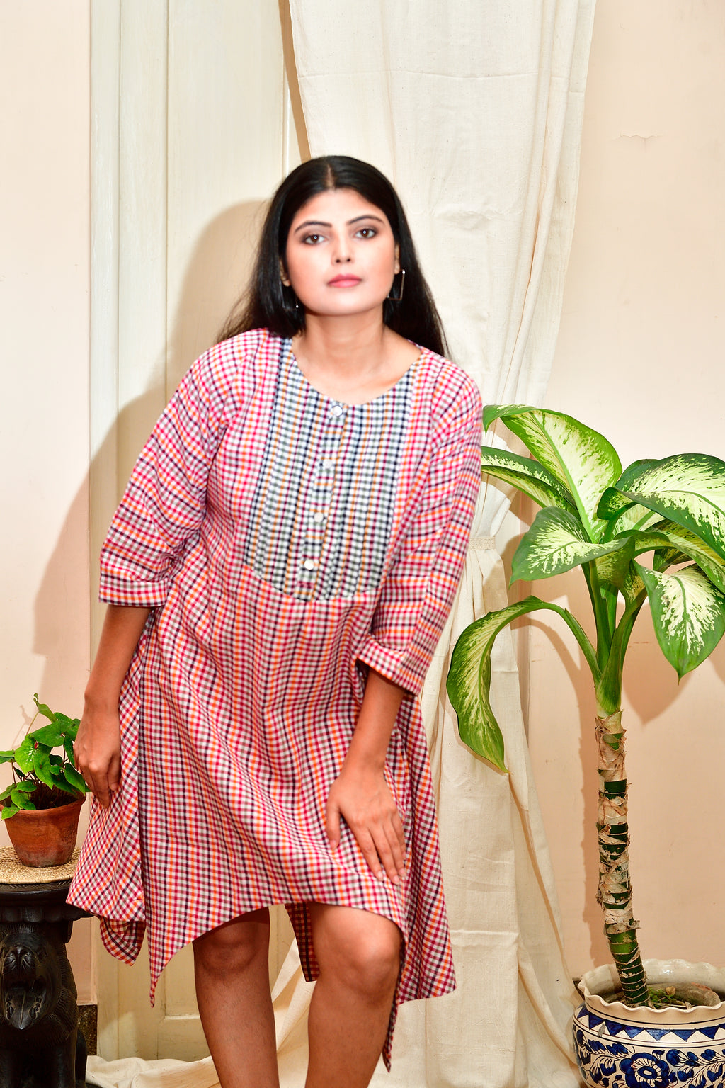 Chhuti - Handloom cotton asymmetrical dress - Red checks image 3