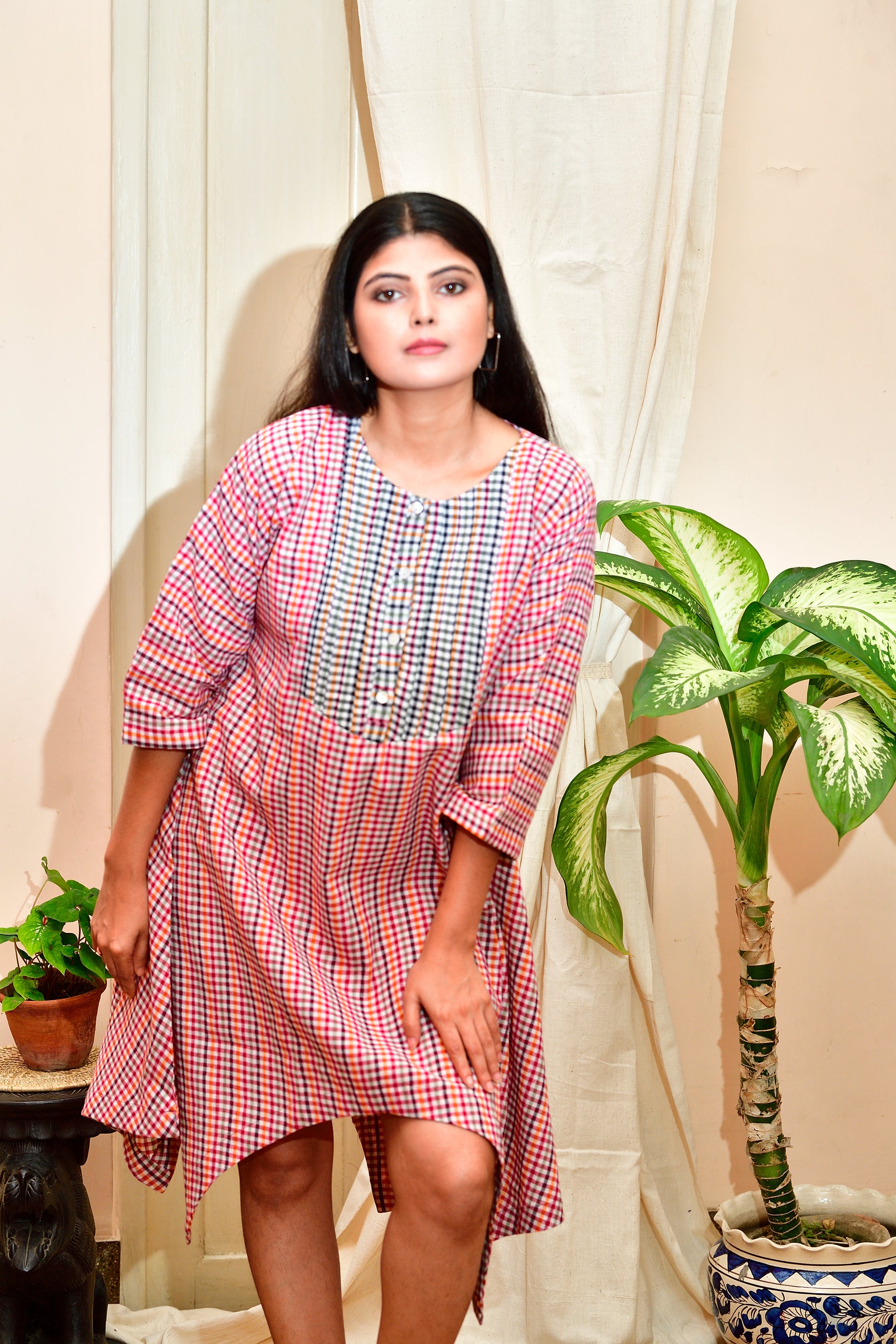 Chhuti - Handloom cotton asymmetrical dress - Red checks image 3