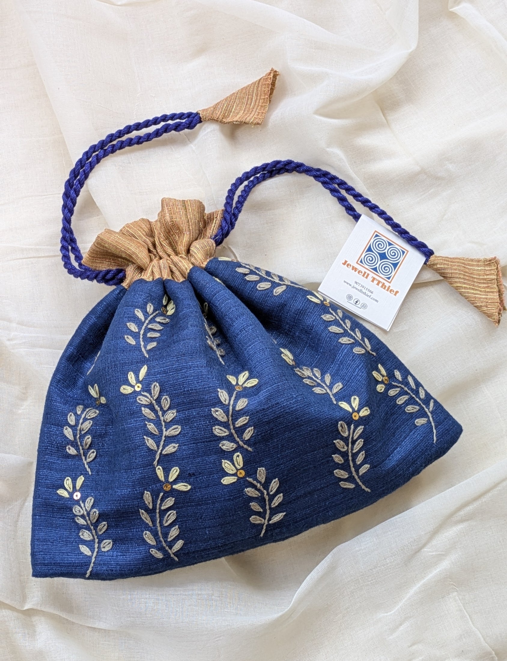 Fern fun (navy blue) - raw silk potli image 0