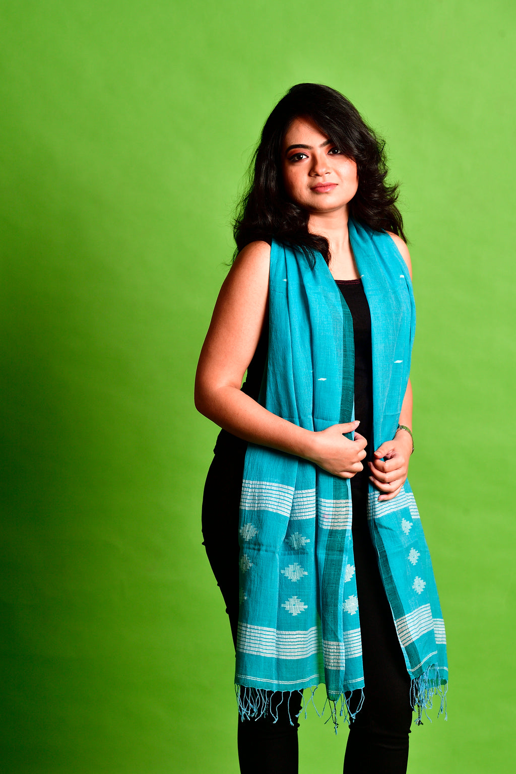 Jamdani stole - aqua blue image 1
