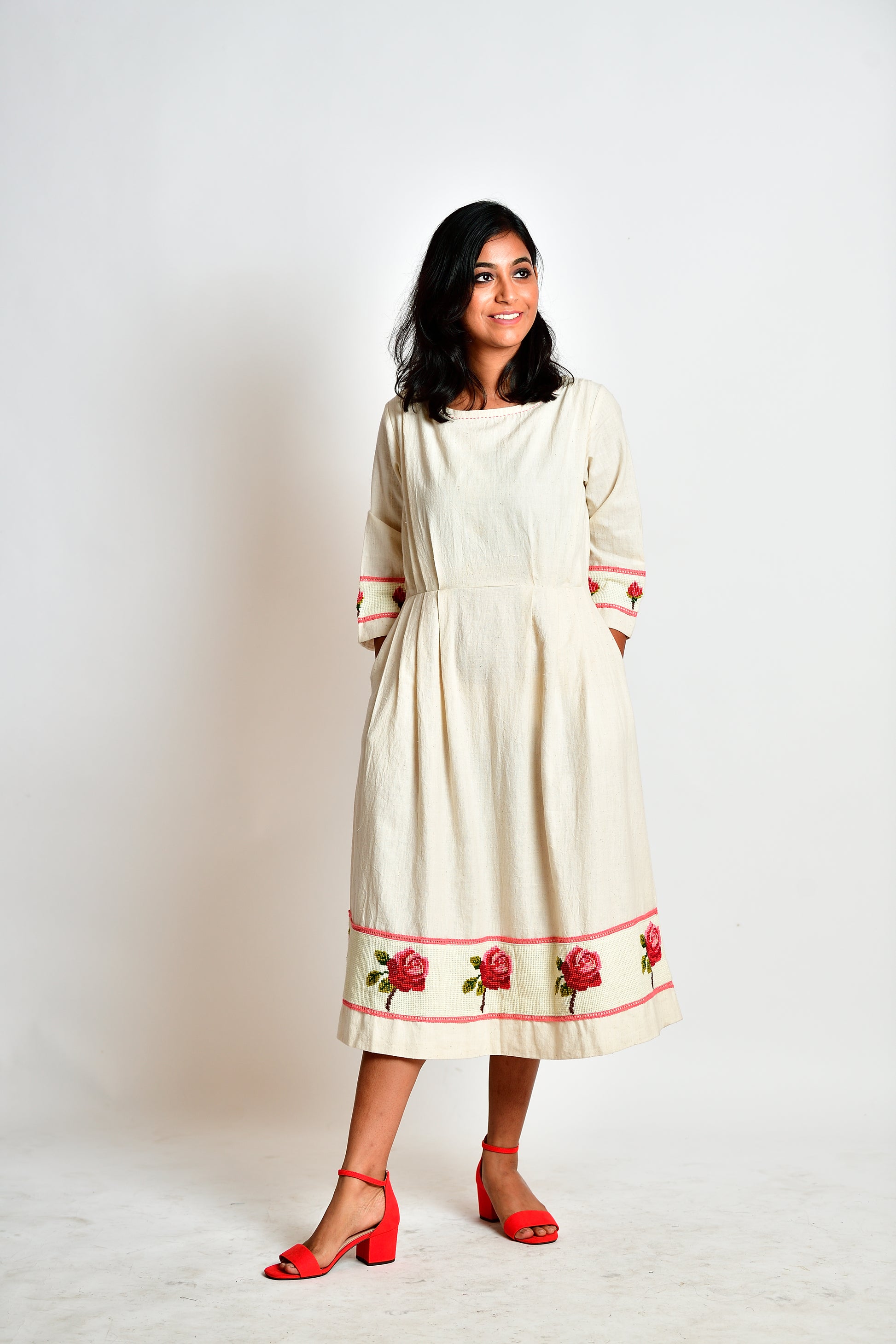 Aeindri - Handloom handspun dress with hand-embroidered cross stitch image 2