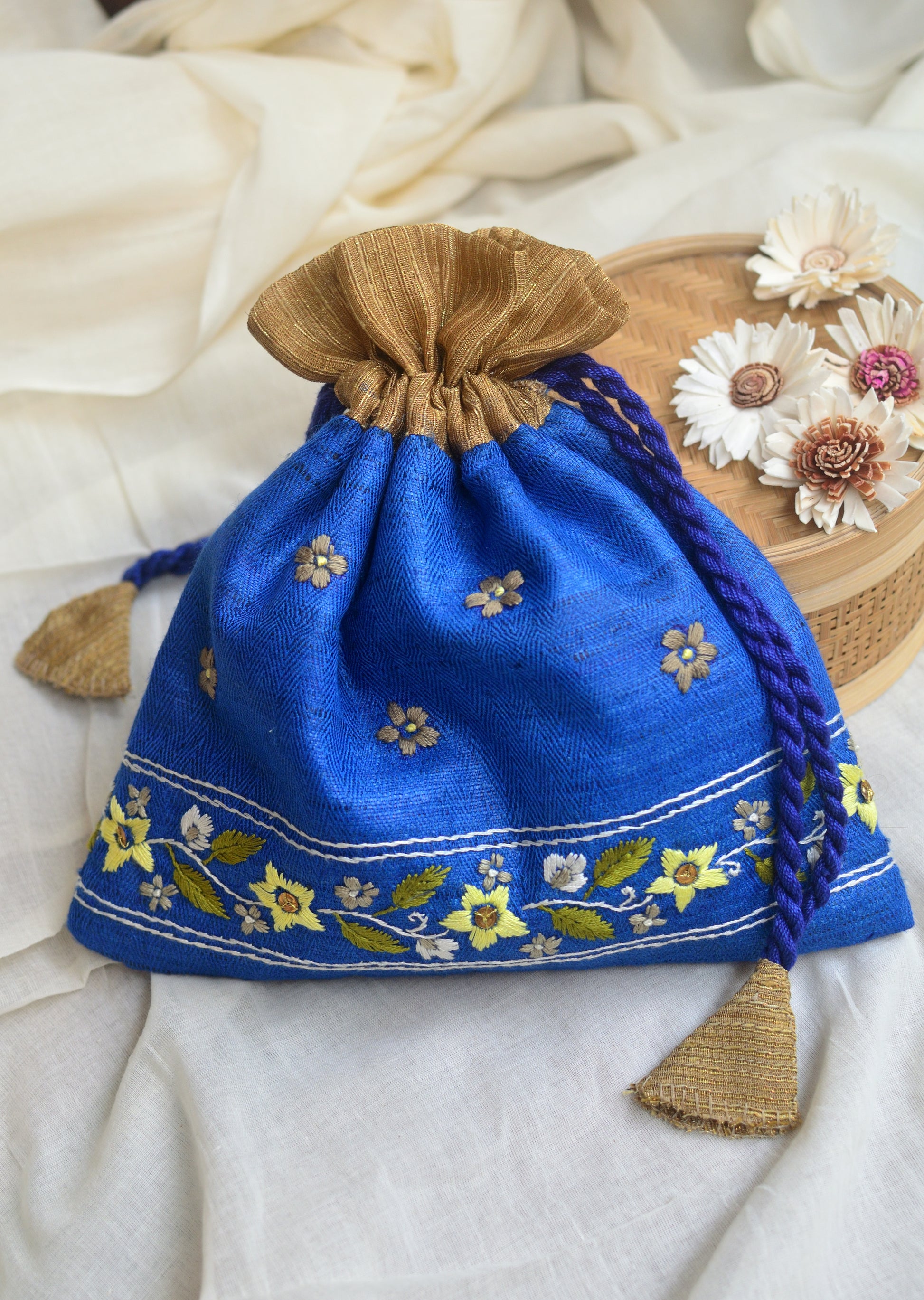 Snigdha - royal blue raw silk potli with hand embroidered border image 0