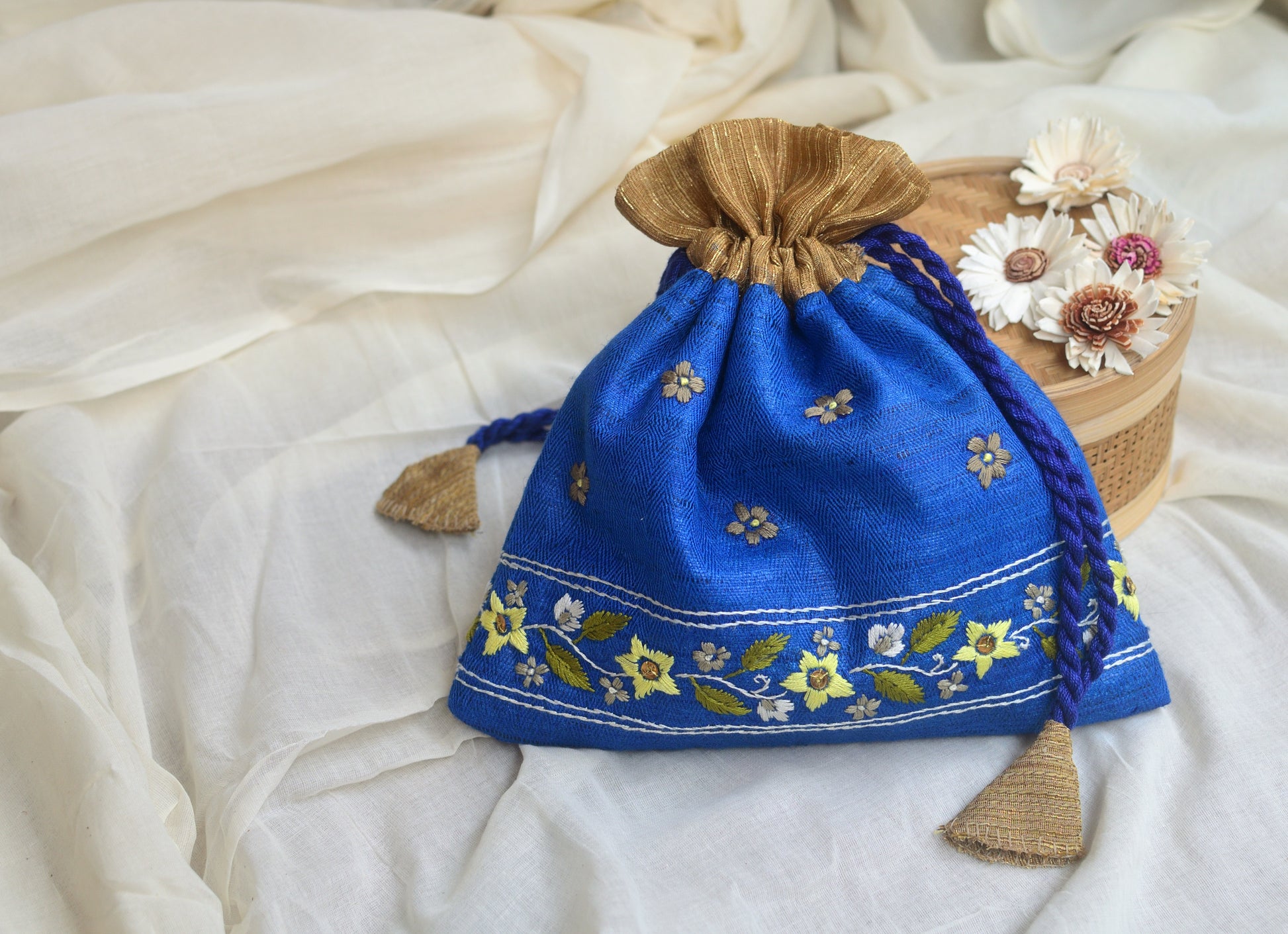 Snigdha - royal blue raw silk potli with hand embroidered border image 2