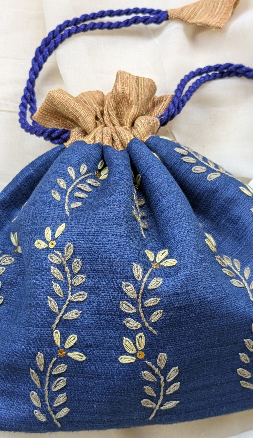 Fern fun (navy blue) - raw silk potli image 3