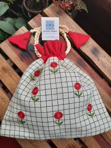 Hand embroidered cotton potli - White checks and brick red flowers image 0