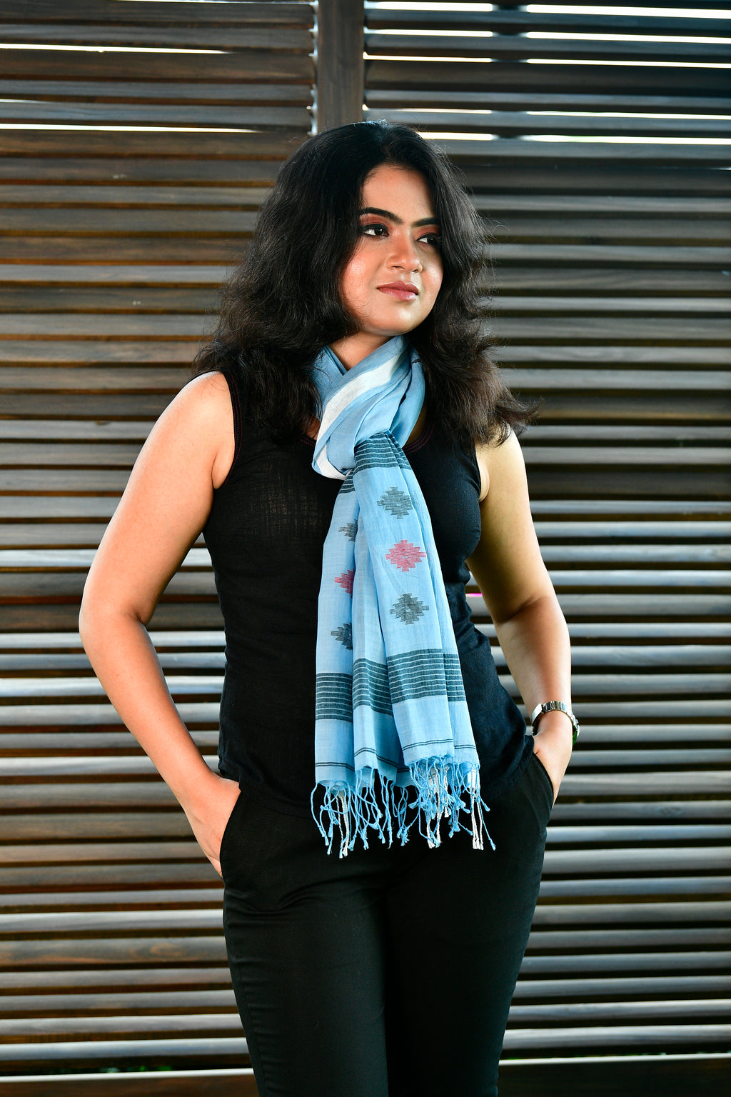 Jamdani stole in soft blue image 0