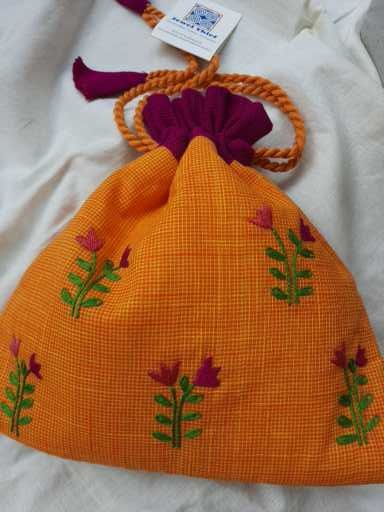 Hand embroidered cotton potli - Yellow image 1
