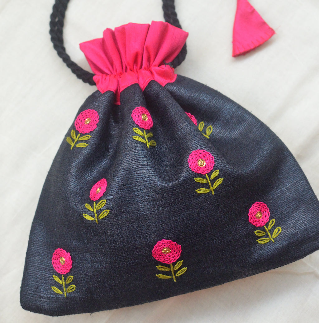 Button flowers - magenta on black - raw silk potli image 3