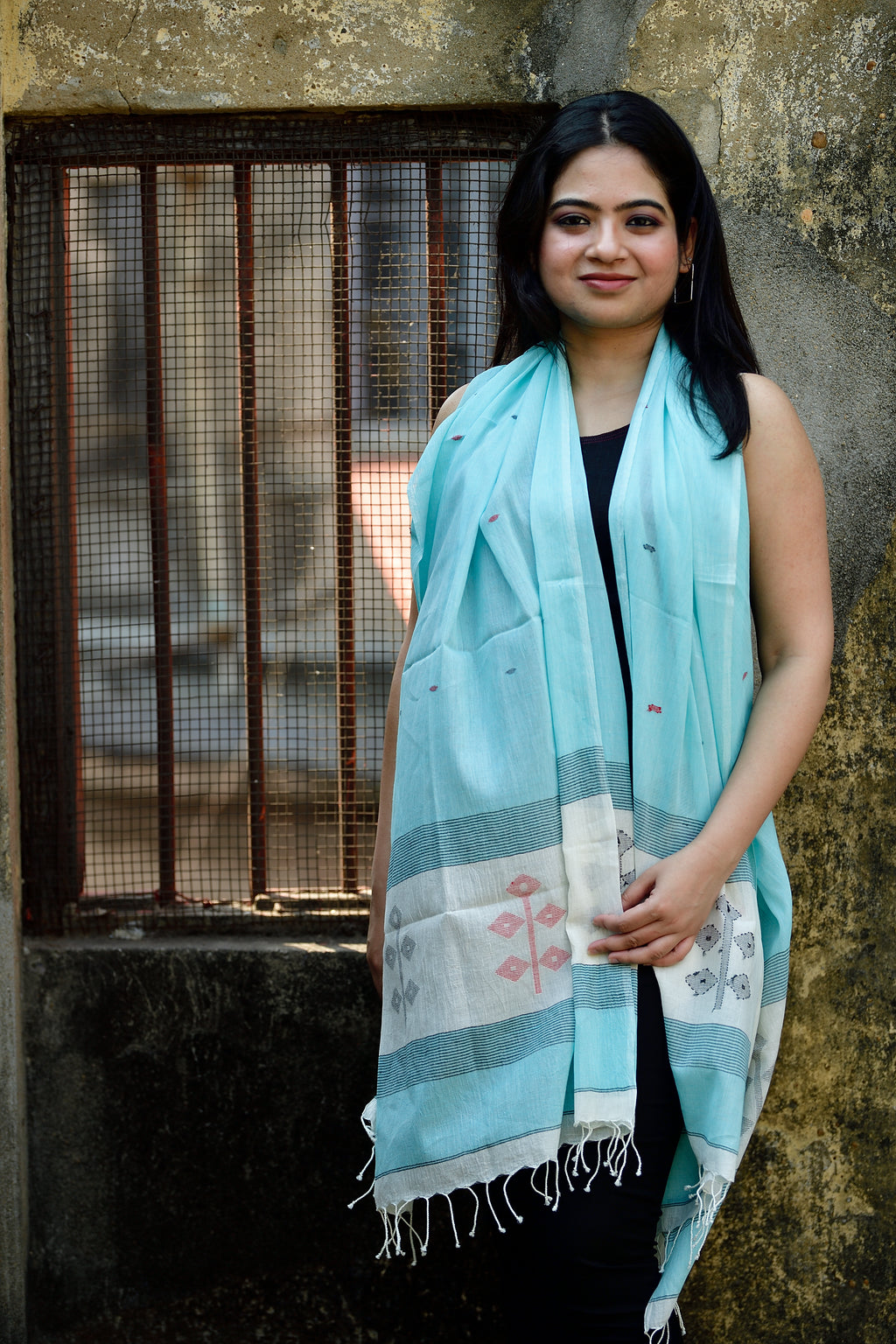 Jamdani stole - aqua marine image 0