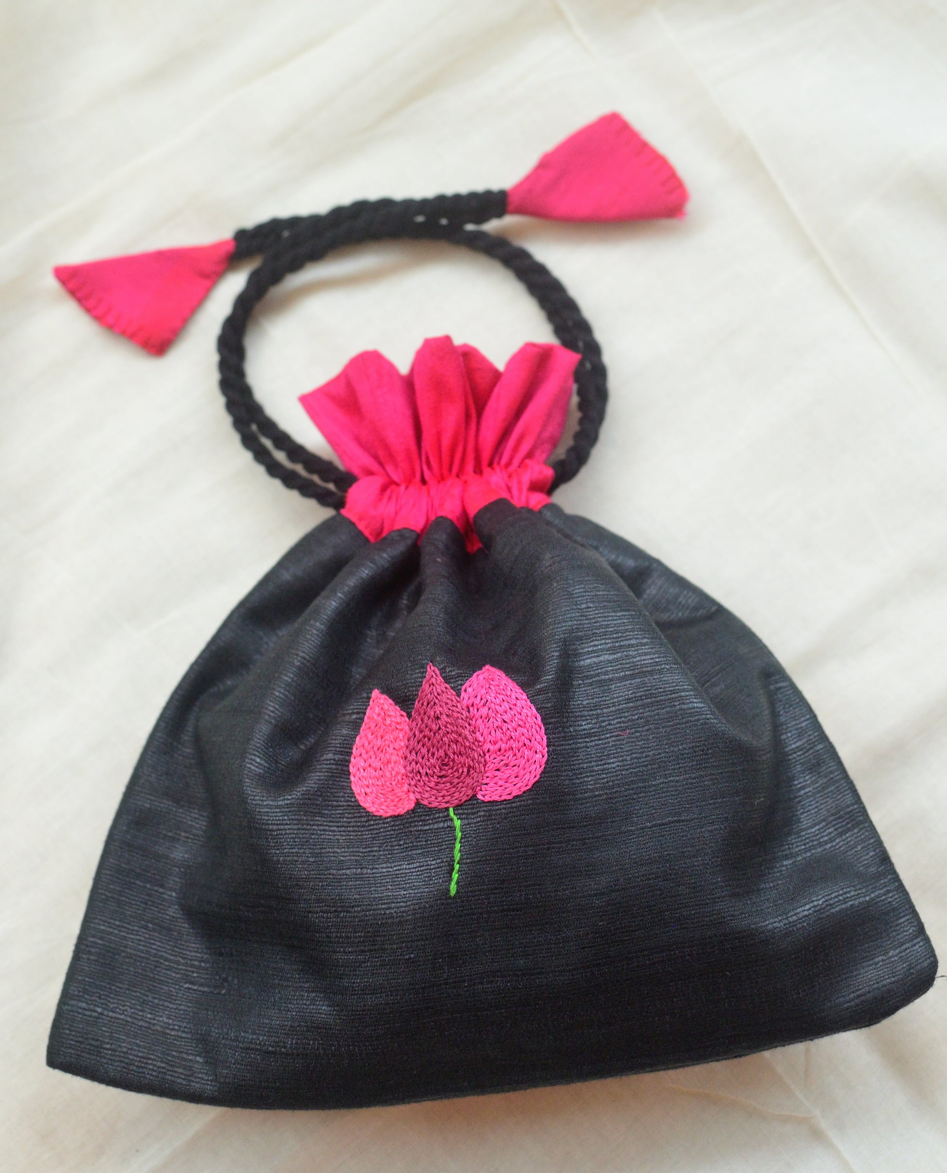 Bougainvillea on black - raw silk potli image 3