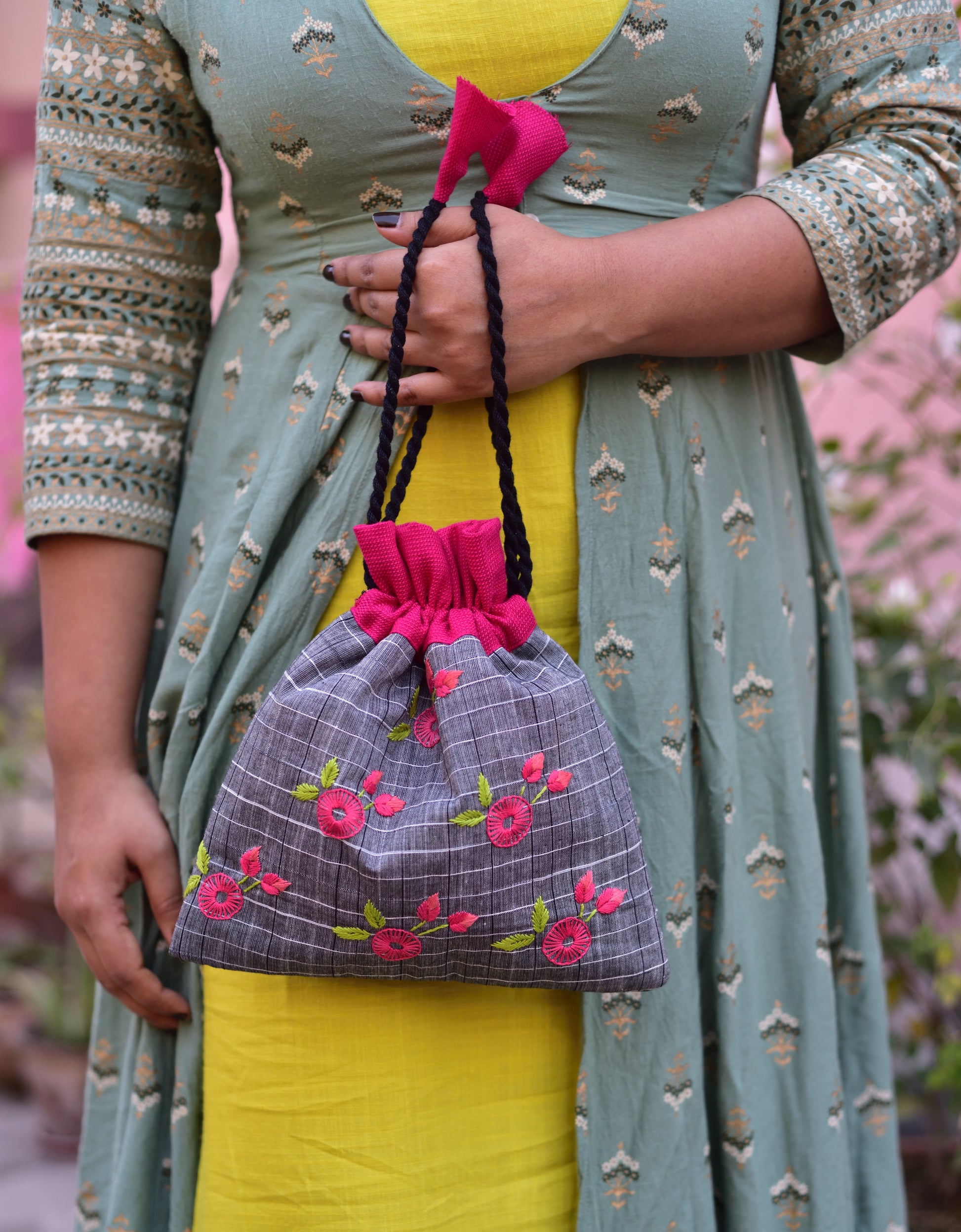 Chrysanthemum on grey base - cotton potli image 0
