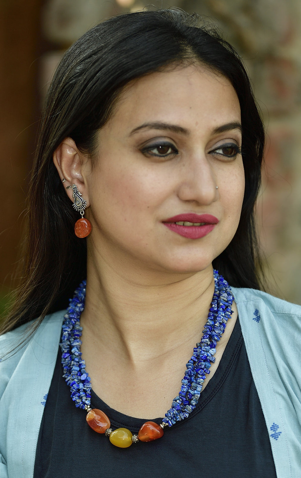 Lapiz lazuli short length neckpiece-earrings set image 1