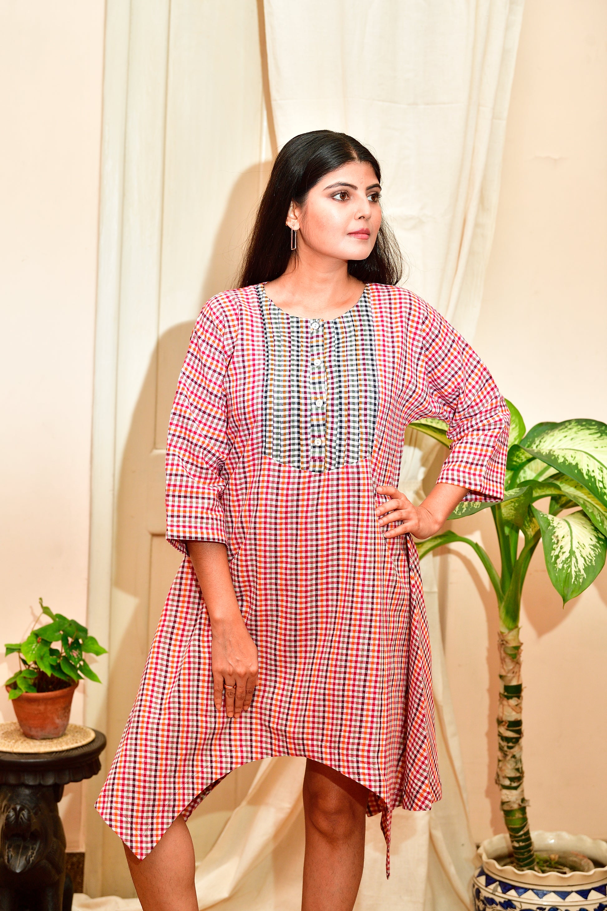 Chhuti - Handloom cotton asymmetrical dress - Red checks image 6