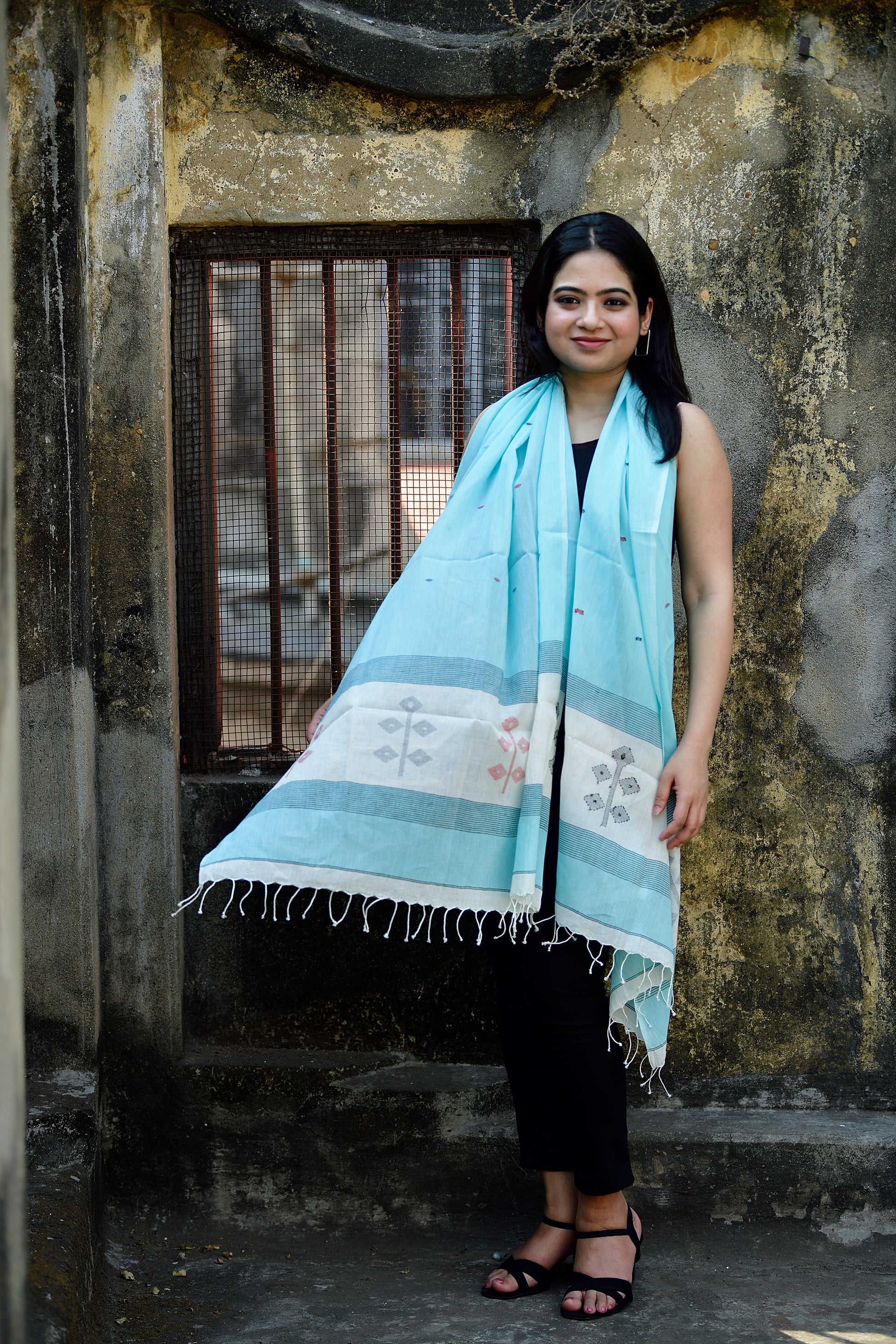 Jamdani stole - aqua marine image 1