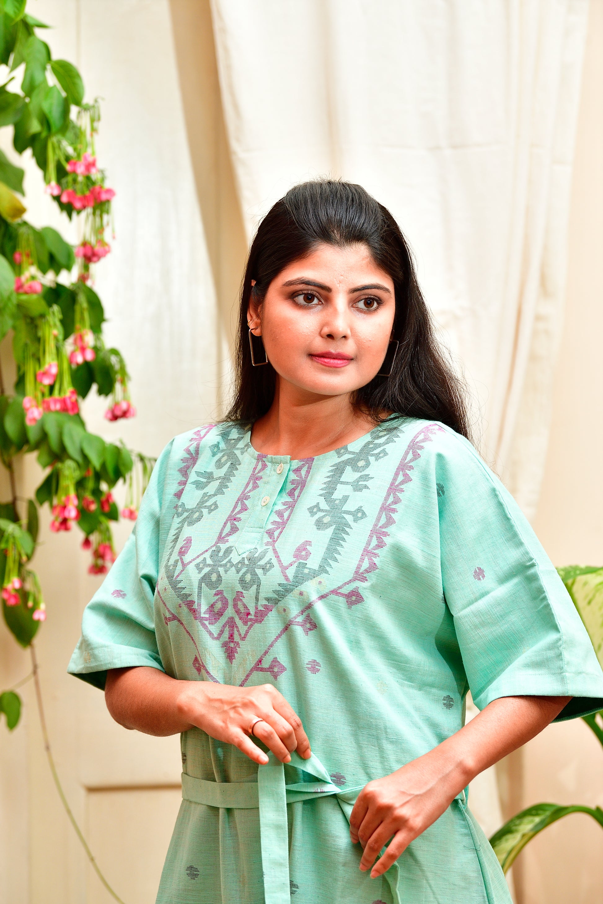 Khadi Jamdani - Kimono dress - Sea green image 5