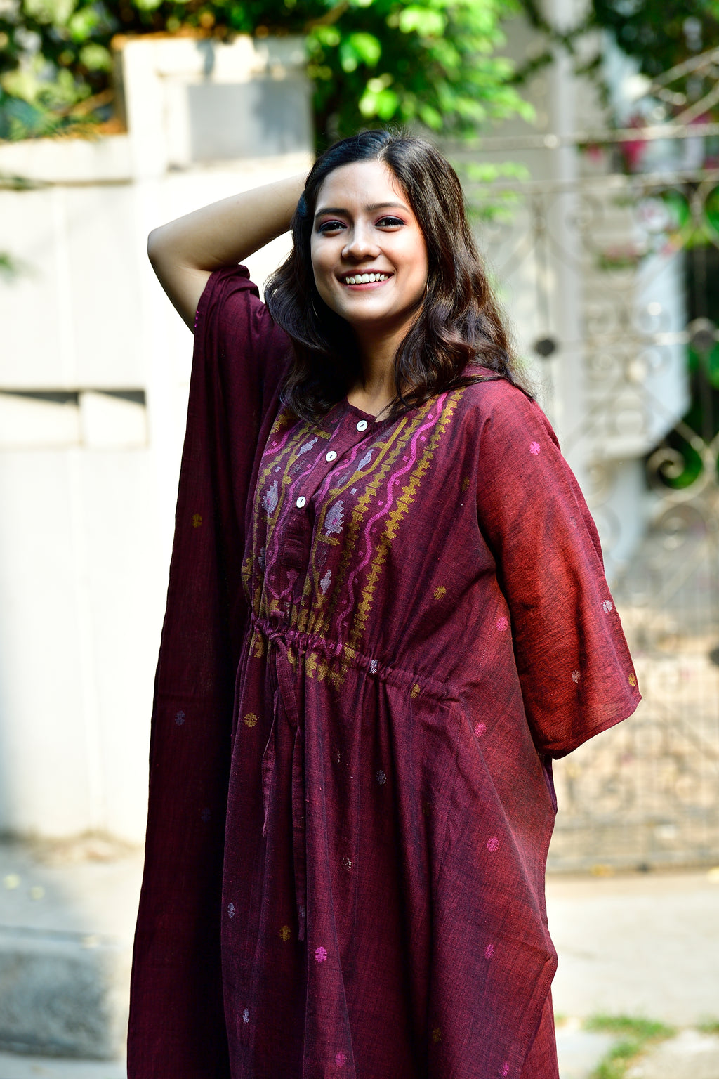 Khadi jamdani kaftan - Maroon image 5