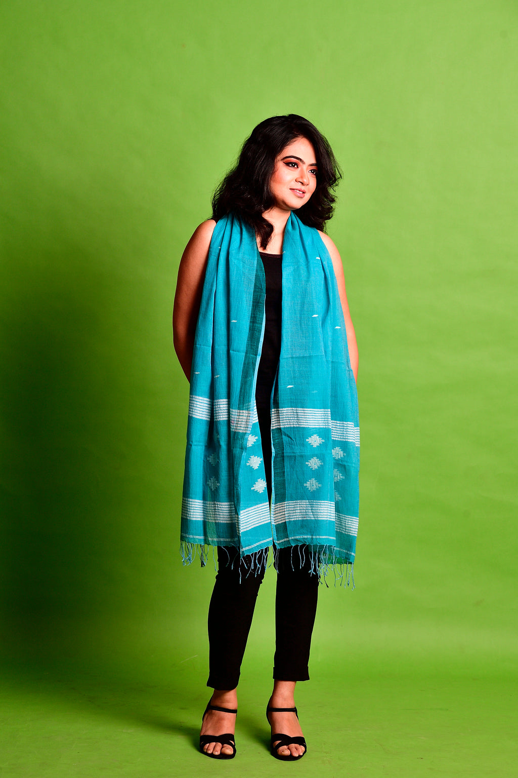 Jamdani stole - aqua blue image 2