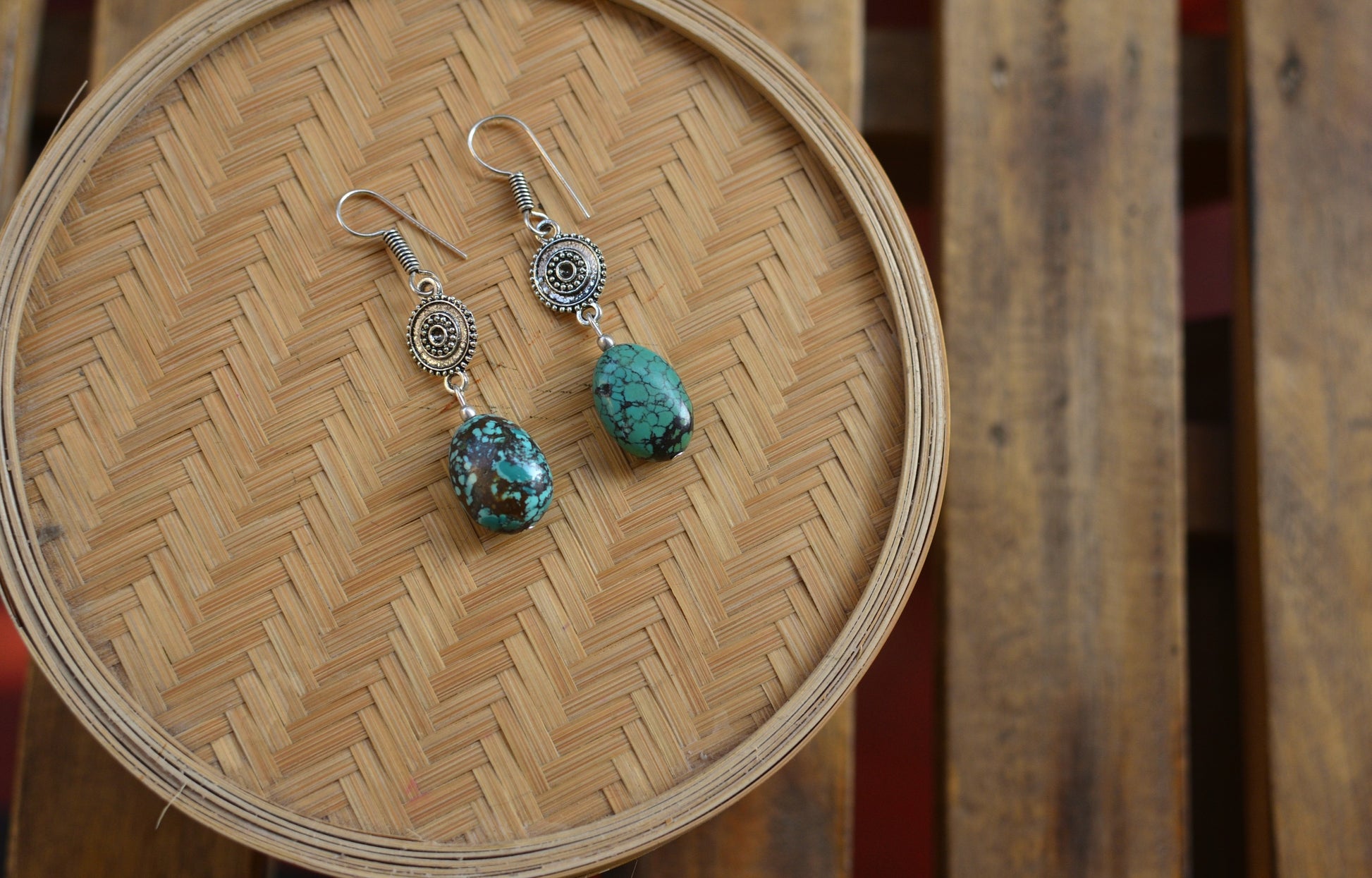 Earrings - turquoise stone with German silver charms image 0