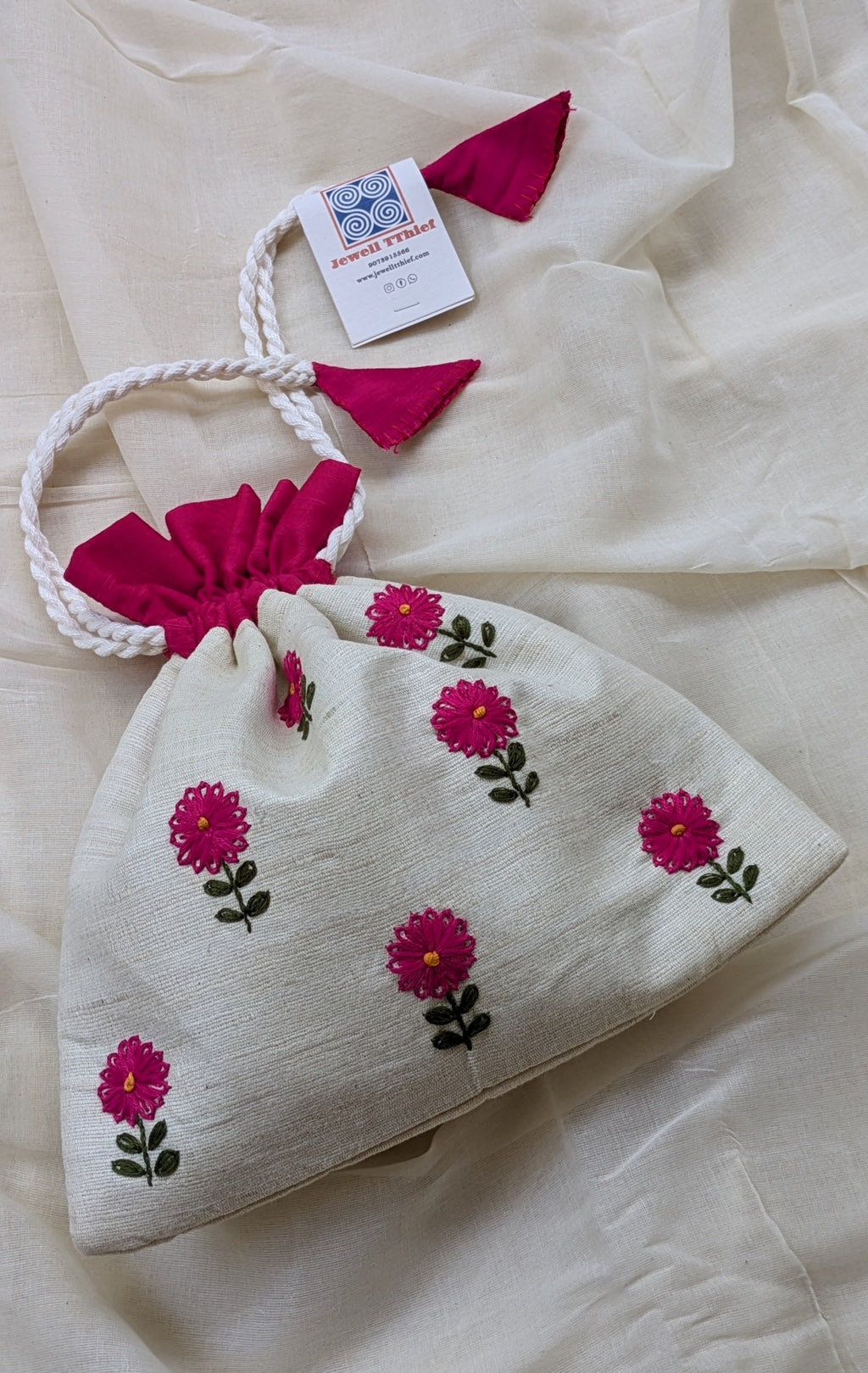 Zarbera - Magenta on white - raw silk potli image 0