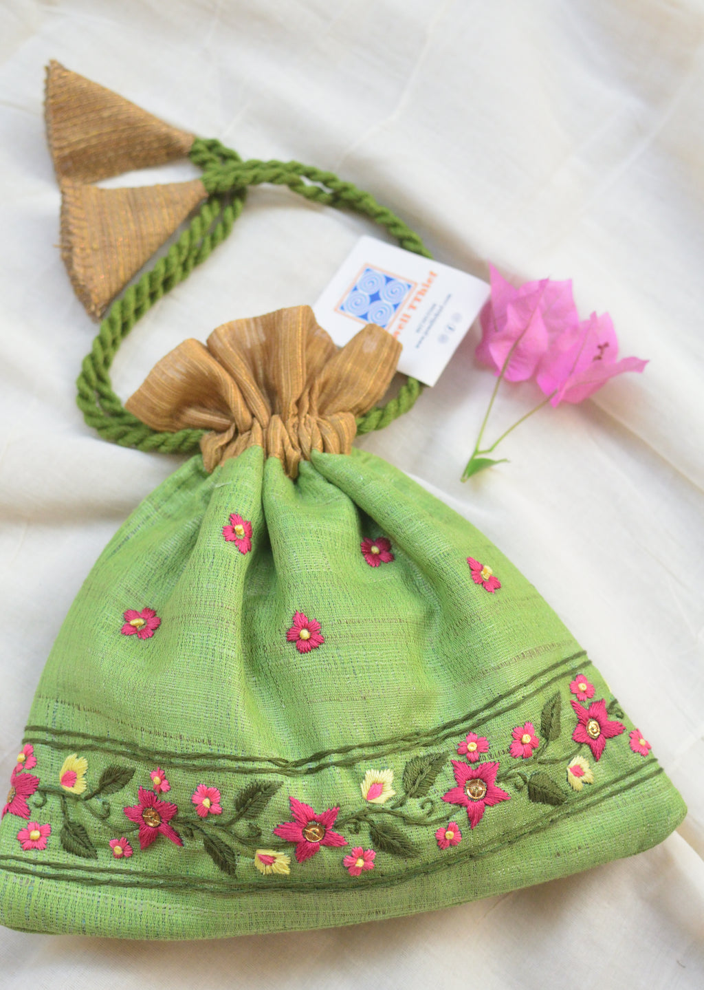 Snigdha - mint green raw silk potli with hand embroidered border image 2