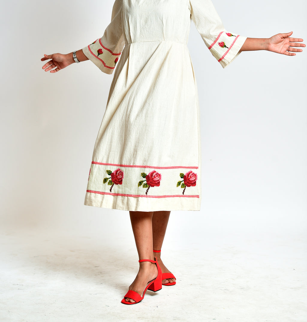 Aeindri - Handloom handspun dress with hand-embroidered cross stitch image 5