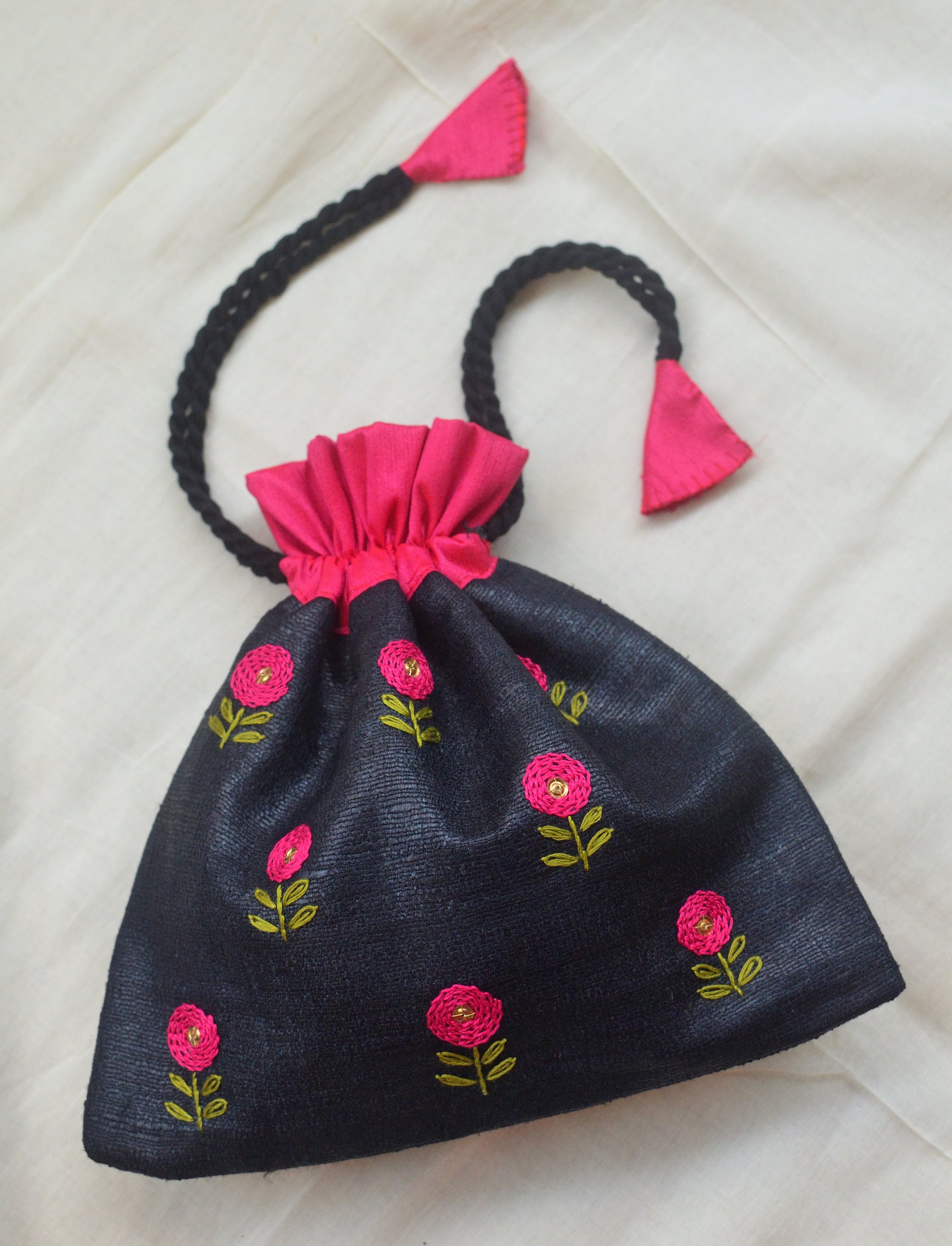 Button flowers - magenta on black - raw silk potli image 1