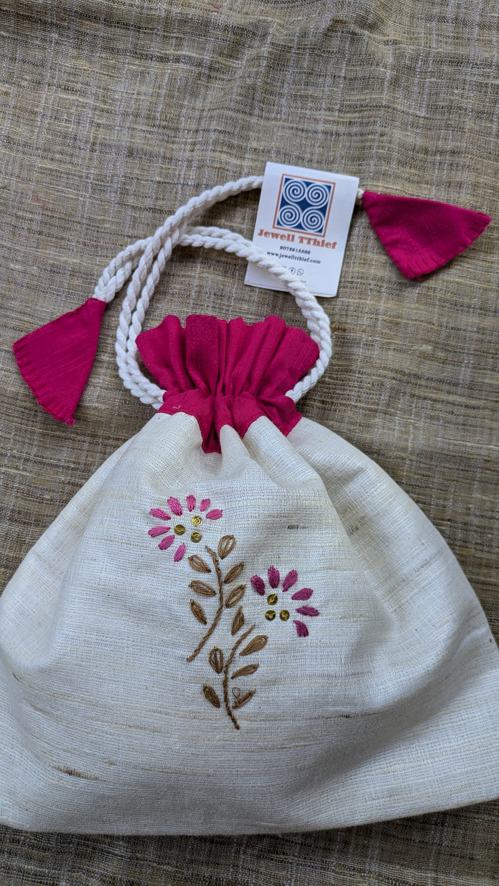 Fern fun (white) - raw silk potli image 4