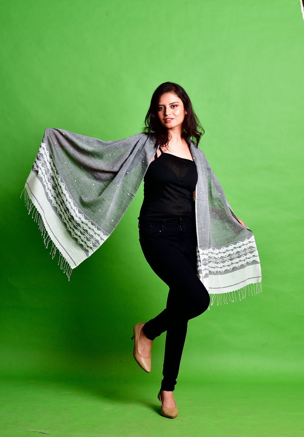 Grey jamdani stole with white border image 1