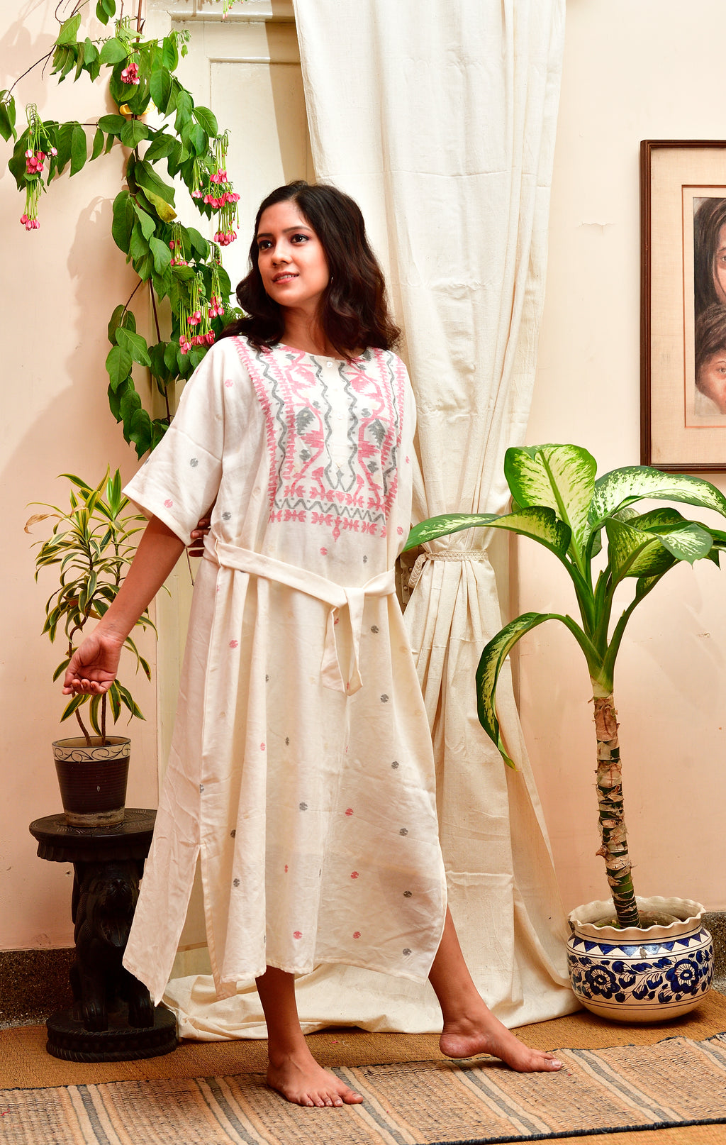 Jamdani Kimono dress - Ivory - Red and black weave image 4