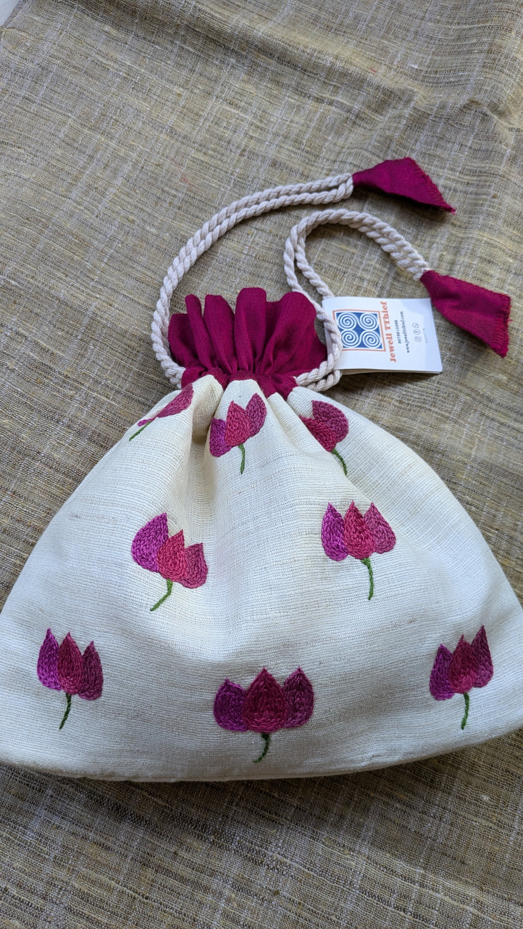 Bougainvillea on white - raw silk potli image 1