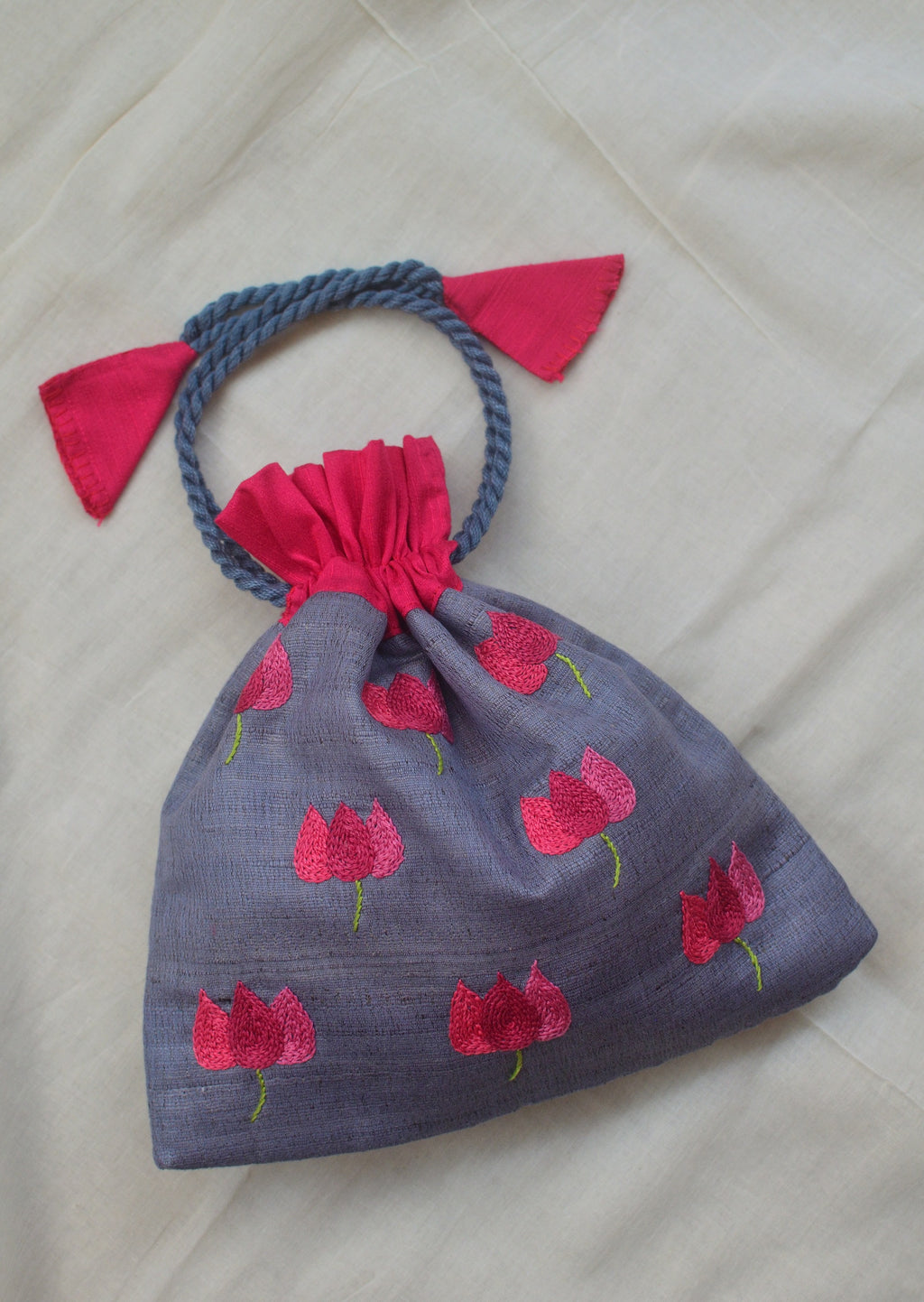 Bougainvillea on grey - raw silk potli image 0
