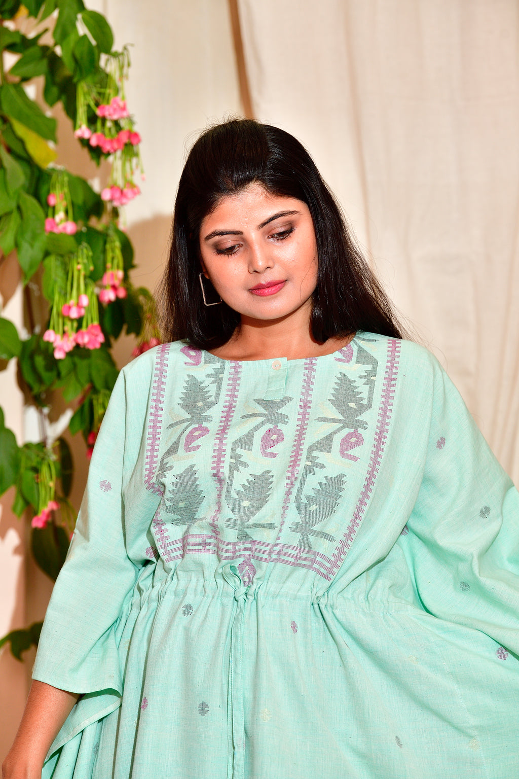 Khadi jamdani kaftan - Aqua green image 5