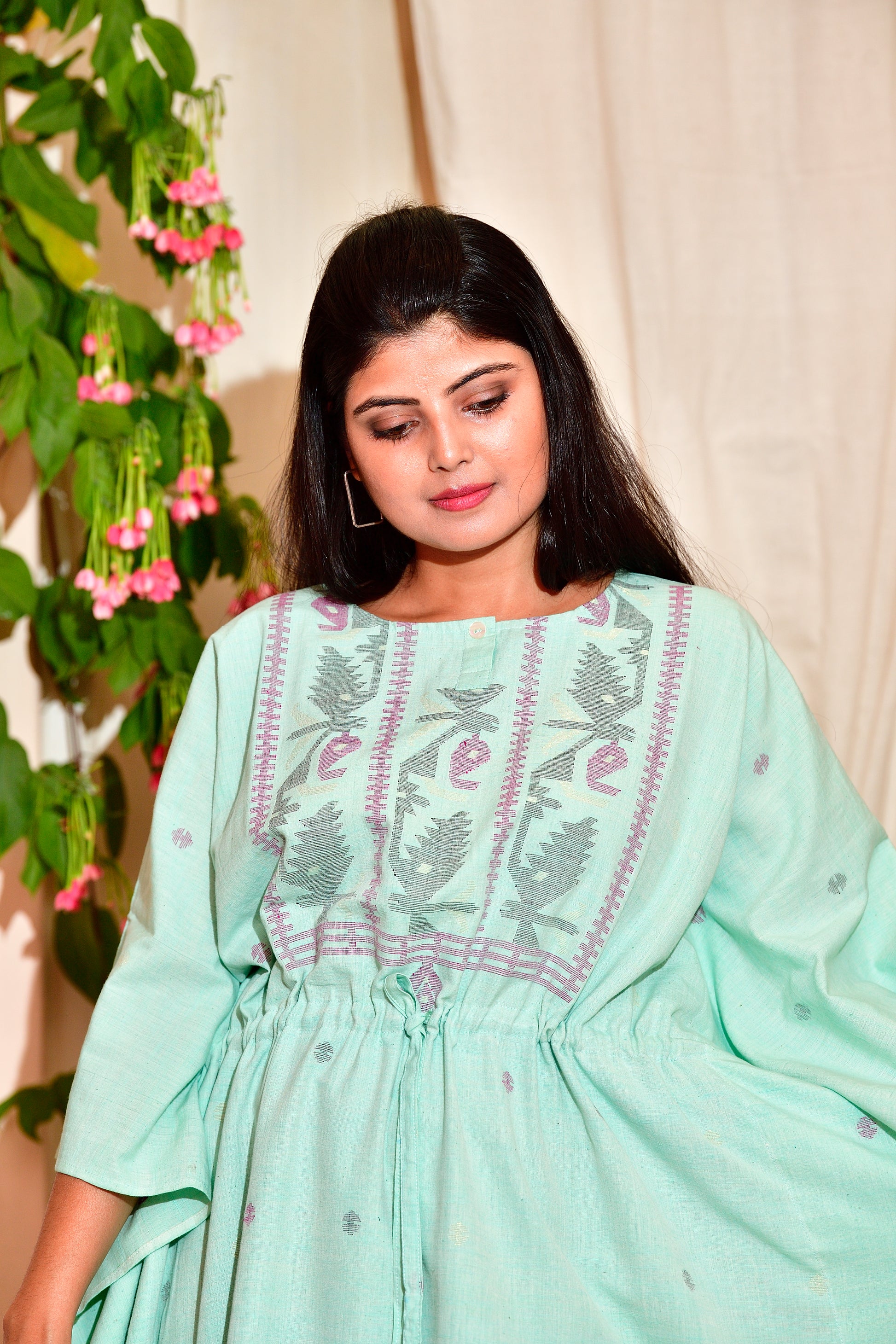 Khadi jamdani kaftan - Aqua green image 5