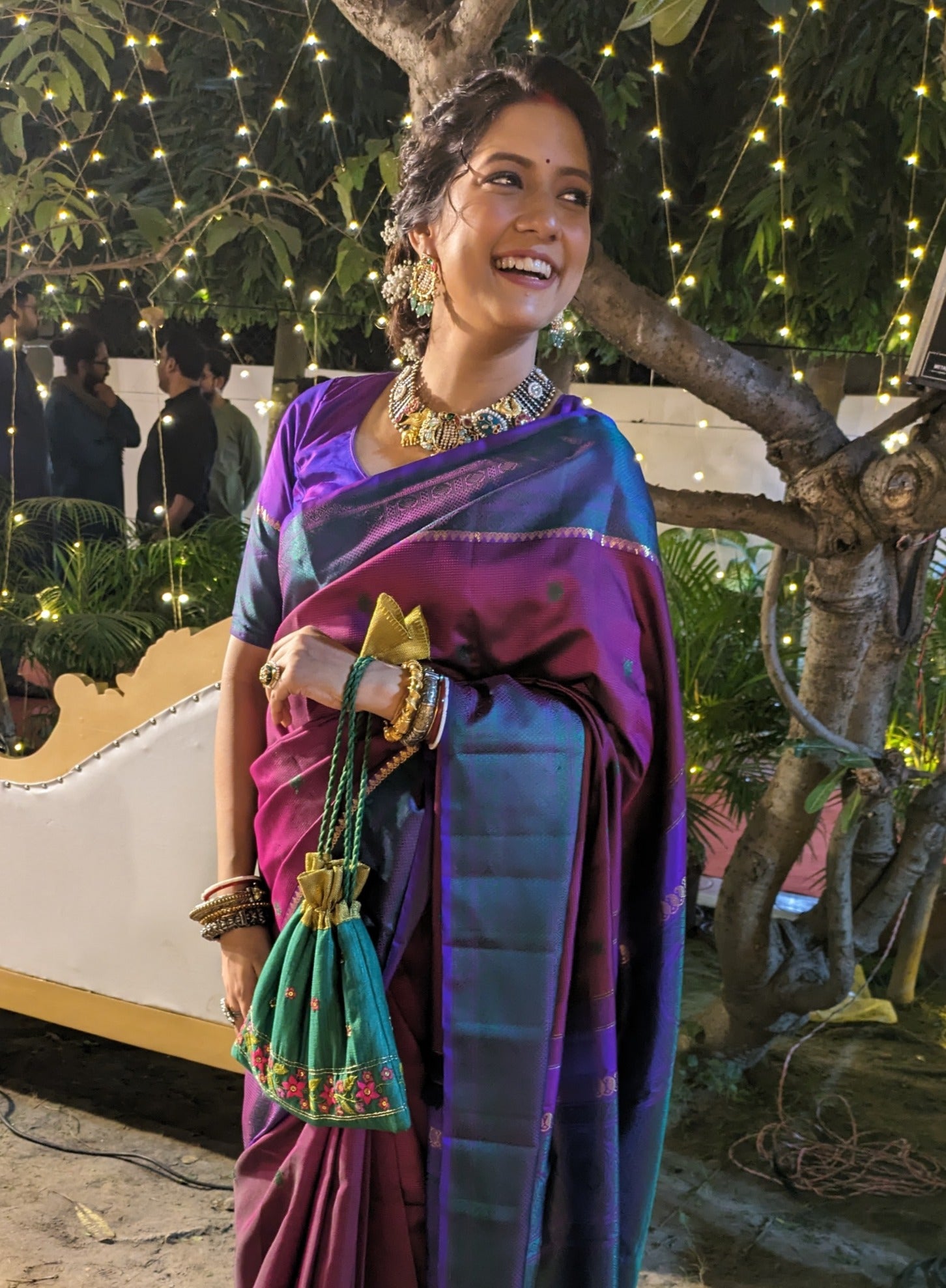Snigdha - bottle green raw silk potli with hand embroidered border (Zari) image 3