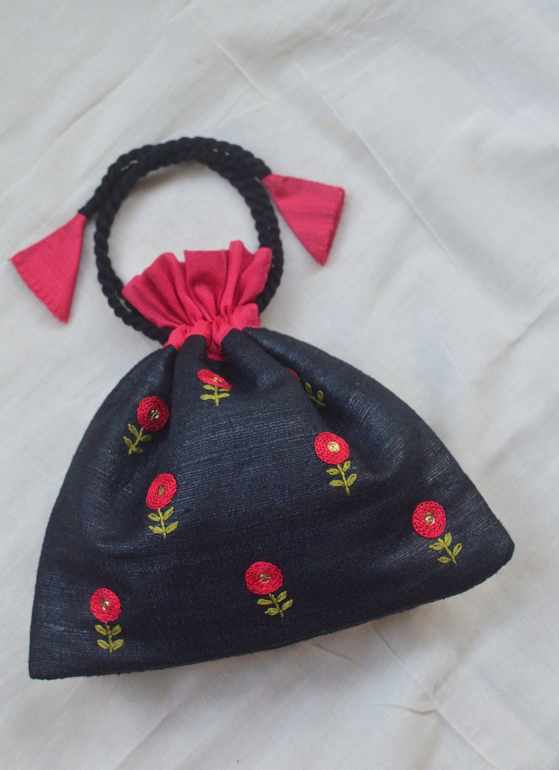Button flowers - red on black - raw silk potli image 0