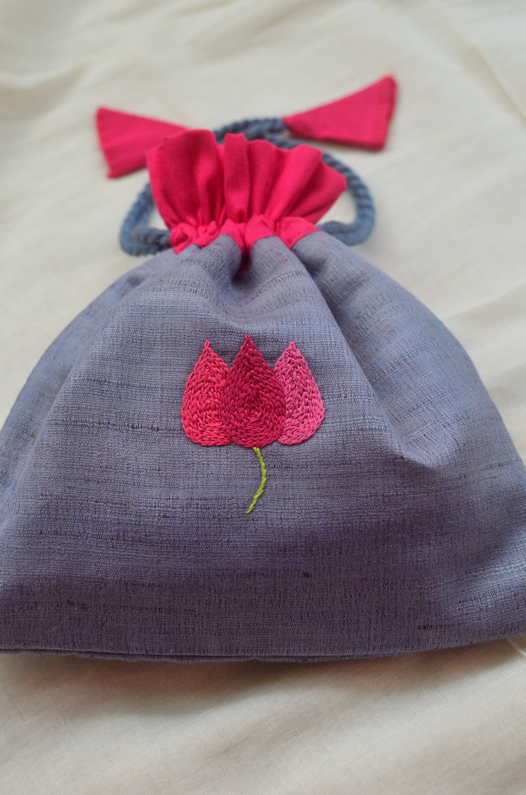 Bougainvillea on grey - raw silk potli image 4
