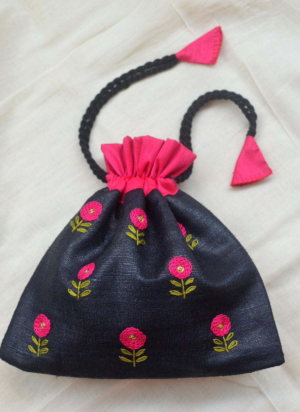 Button flowers - magenta on black - raw silk potli image 0