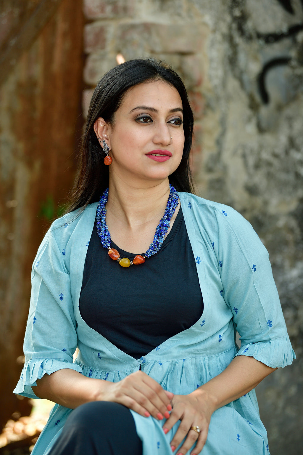 Lapiz lazuli short length neckpiece-earrings set image 2