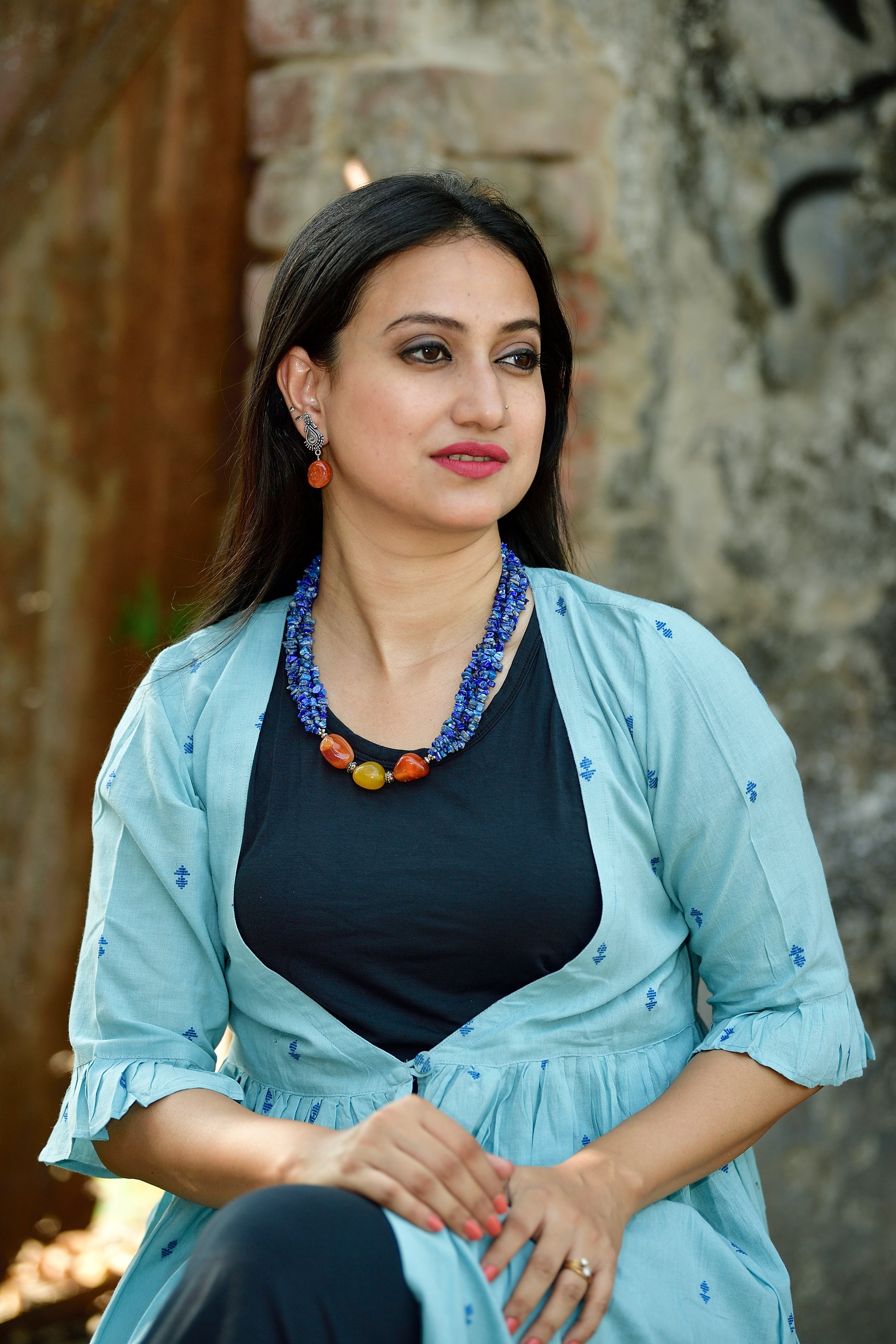 Lapiz lazuli short length neckpiece-earrings set image 2